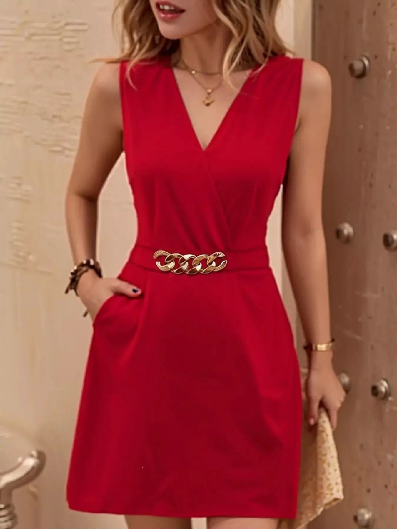 Black Surplice Sleeveless Mini Dress With Pockets 100 Percent Polyester - Fritsch & Co.
