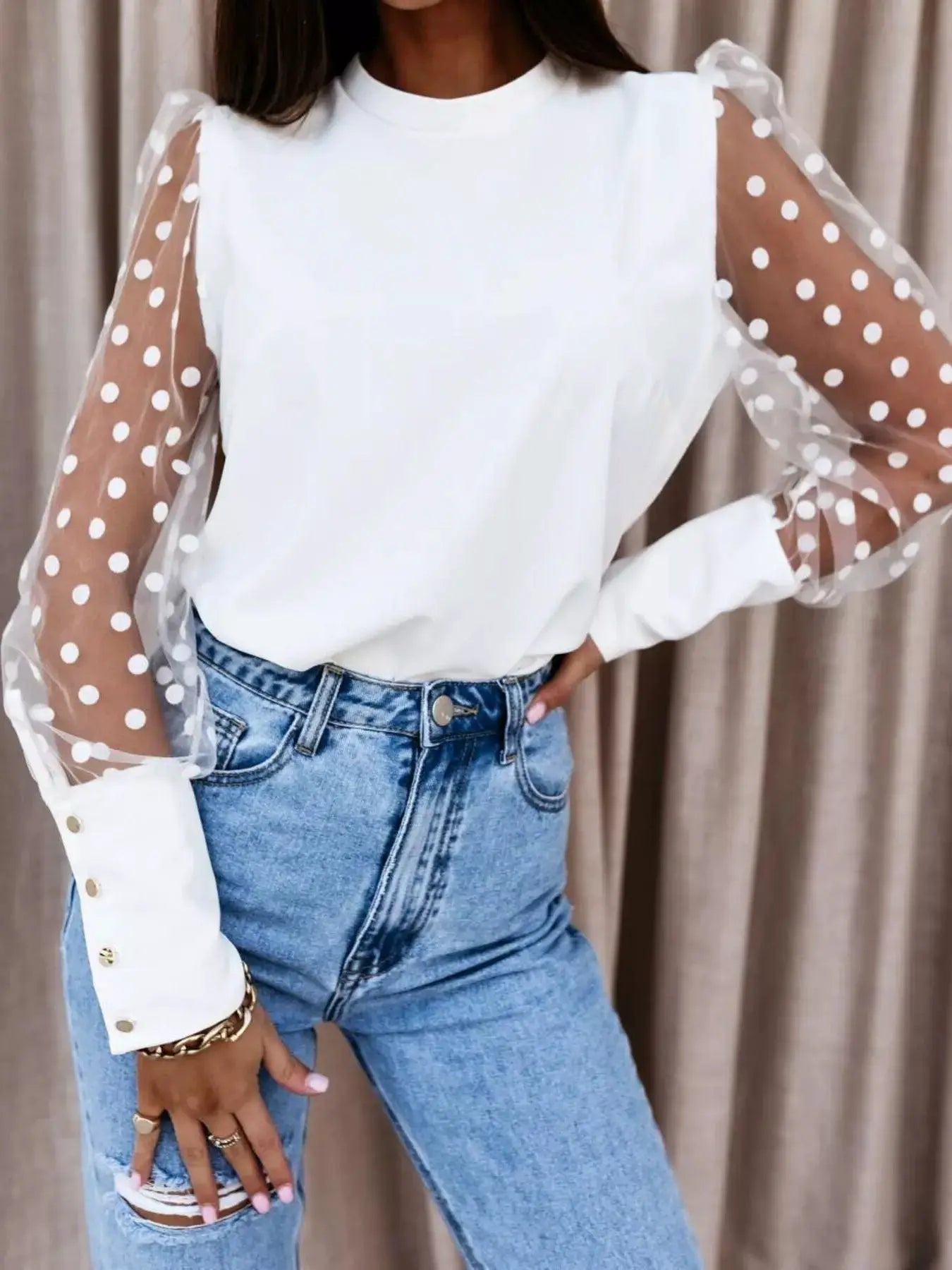 Black Womens Polka Dot Mesh Sleeve Blouse With Sheer Details - Fritsch & Co.