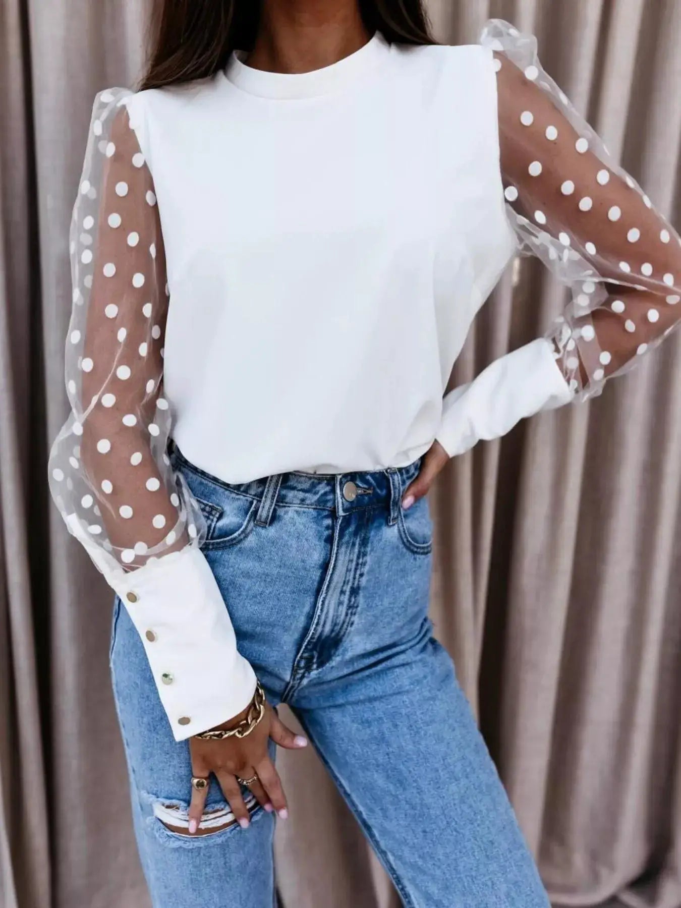Black Womens Polka Dot Mesh Sleeve Blouse With Sheer Details - Fritsch & Co.