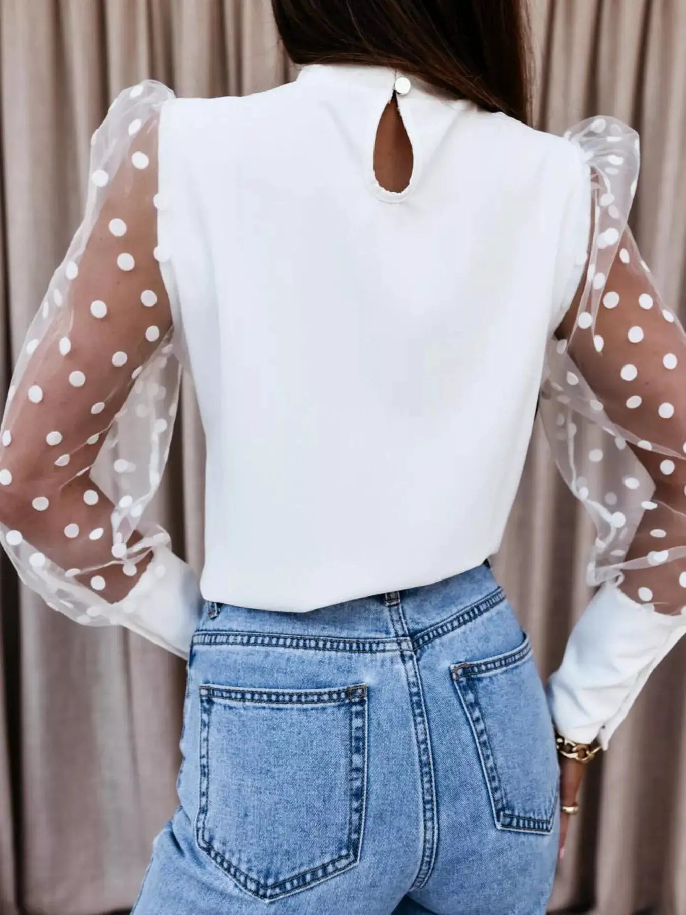 Black Womens Polka Dot Mesh Sleeve Blouse With Sheer Details - Fritsch & Co.