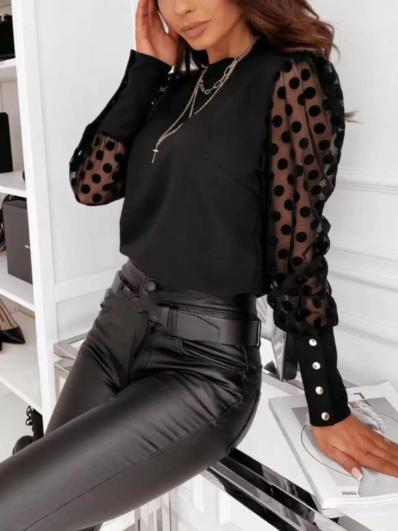 Black Womens Polka Dot Mesh Sleeve Blouse With Sheer Details - Fritsch & Co.