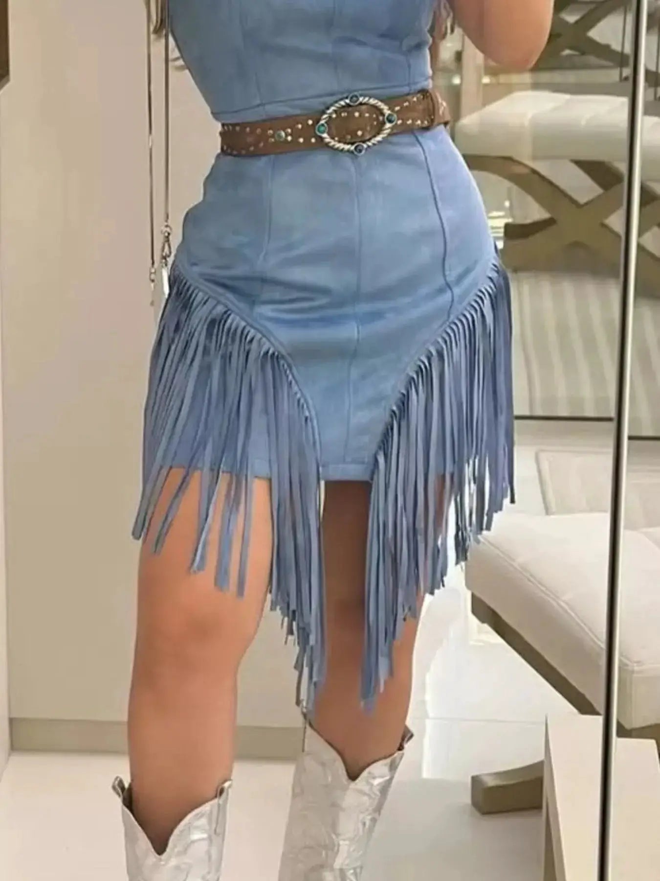 Blue Denim Fringe Mini Dress Sleeveless Western Style - Fritsch & Co.
