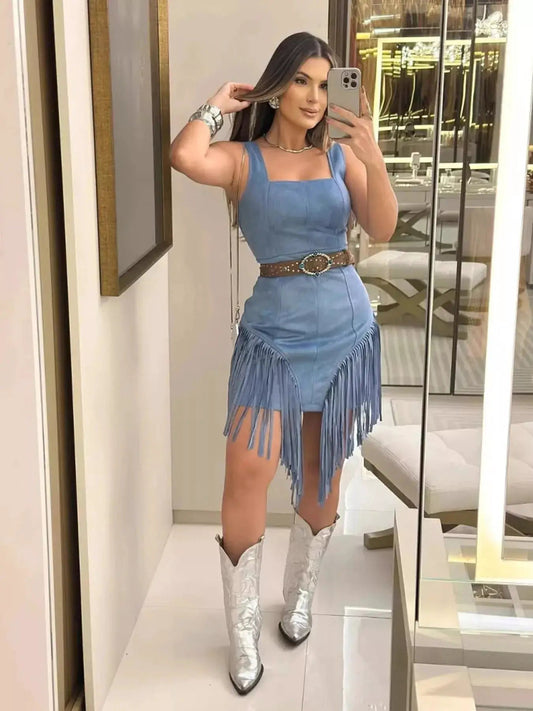 Blue Denim Fringe Mini Dress Sleeveless Western Style - Fritsch & Co.