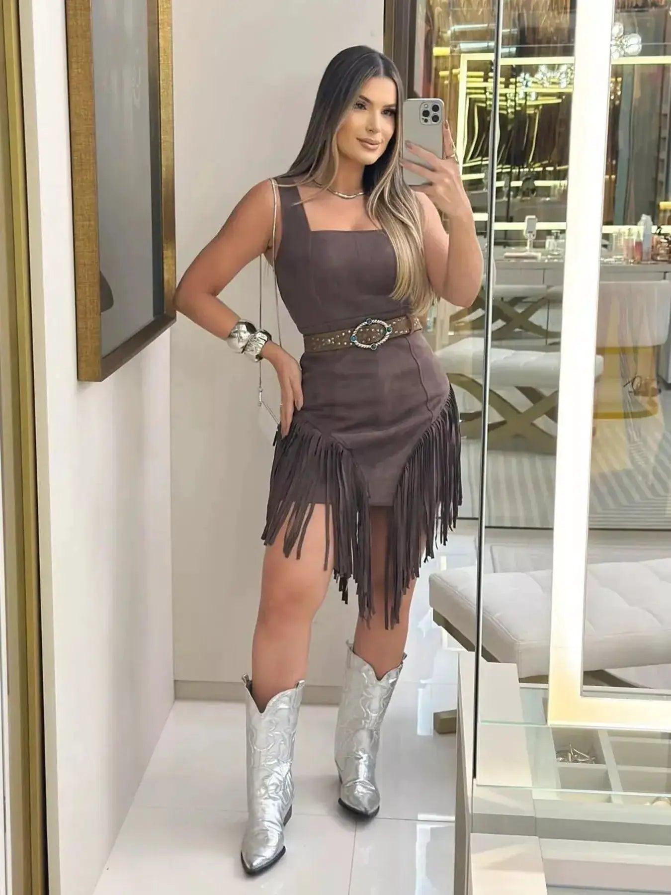 Blue Denim Fringe Mini Dress Sleeveless Western Style - Fritsch & Co.