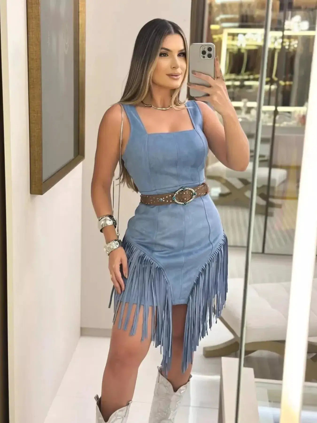 Blue Denim Fringe Mini Dress Sleeveless Western Style - Fritsch & Co.