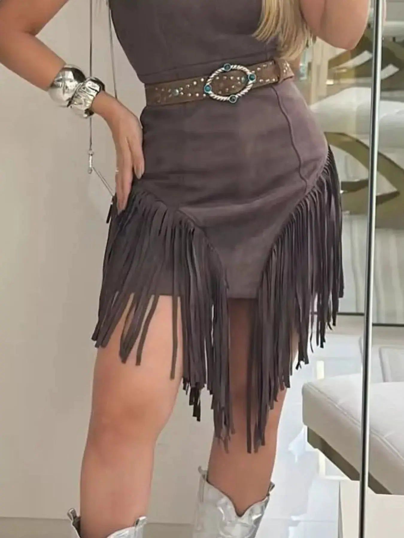 Blue Denim Fringe Mini Dress Sleeveless Western Style - Fritsch & Co.
