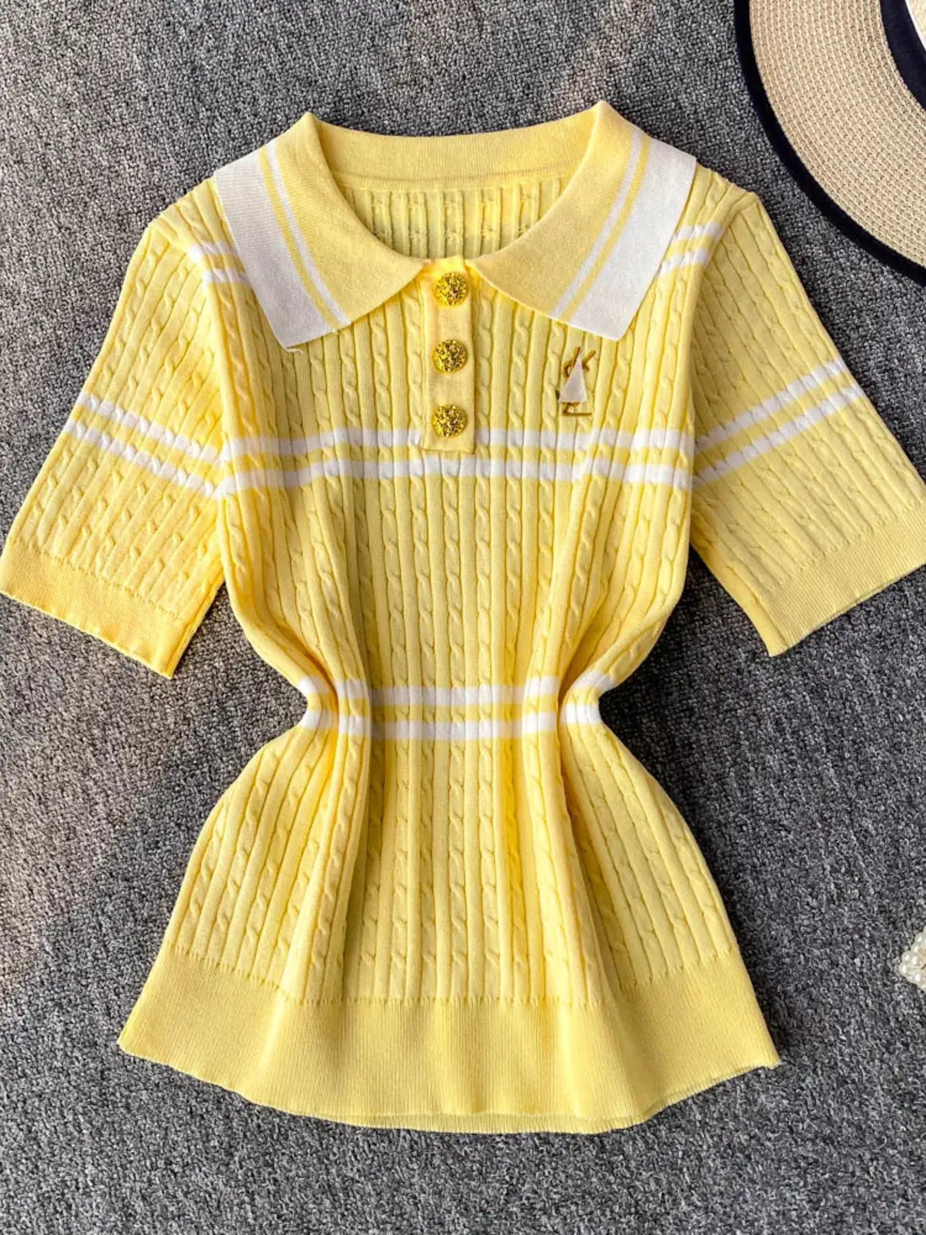 Striped Knit Polo Collar Top by Trendsi