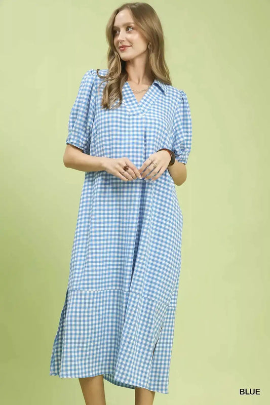 Umgee Gingham Midi Dress with Side Pockets by Trendsi