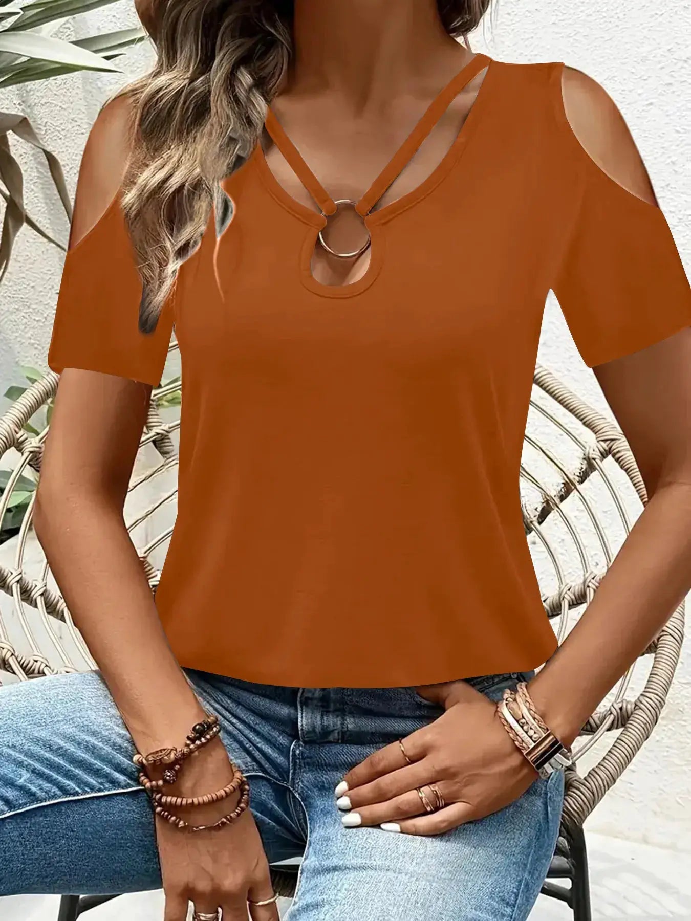 Cold Shoulder Top With Metal Ring Detail And Cutout Sleeves - Fritsch & Co.