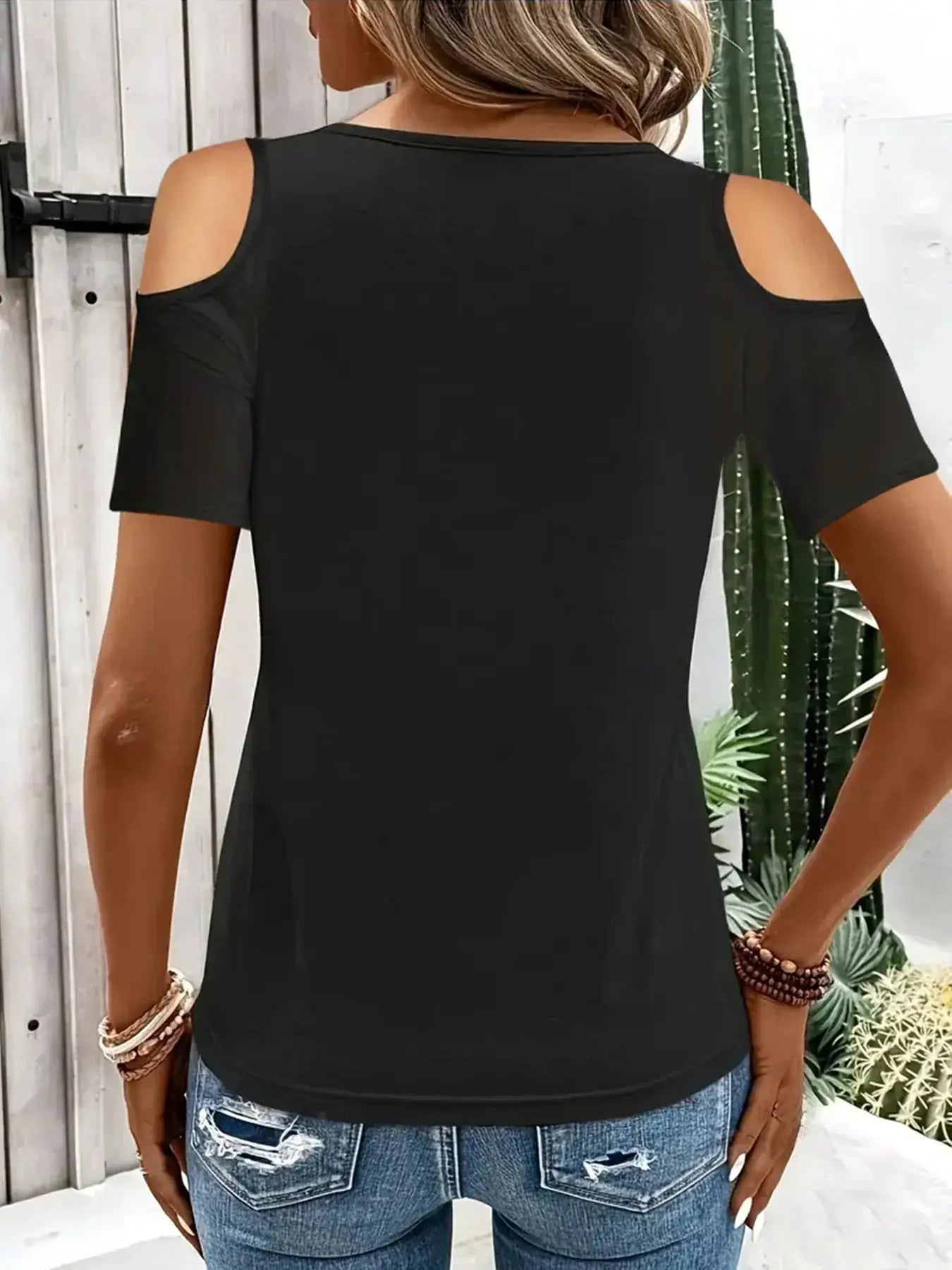 Cold Shoulder Top With Metal Ring Detail And Cutout Sleeves - Fritsch & Co.