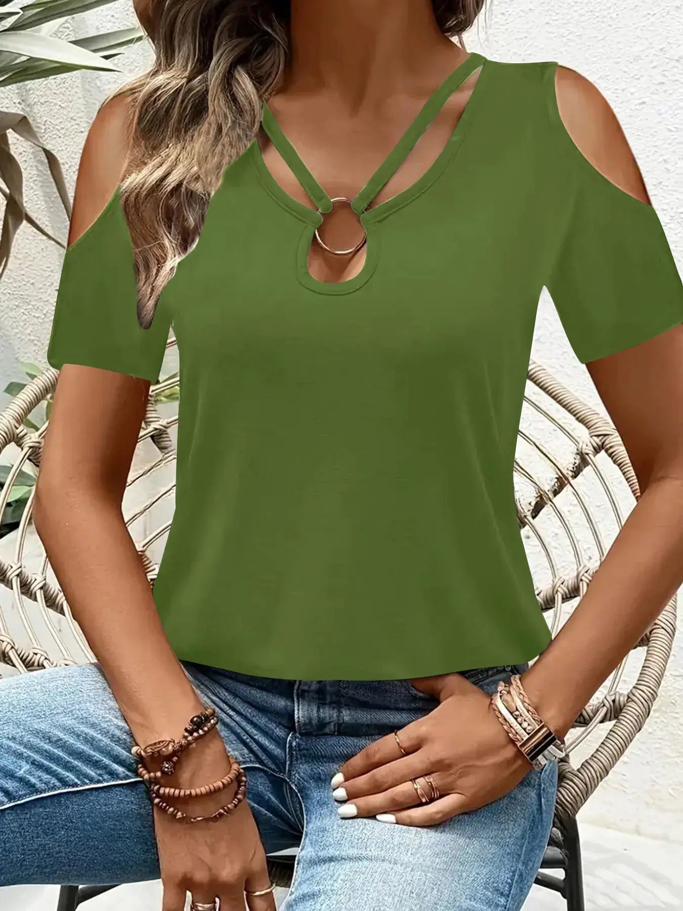 Cold Shoulder Top With Metal Ring Detail And Cutout Sleeves - Fritsch & Co.