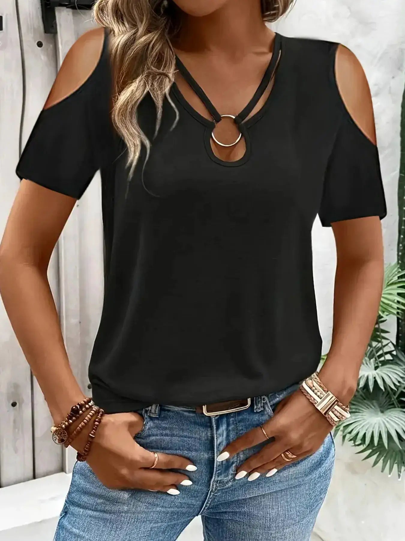 Cold Shoulder Top With Metal Ring Detail And Cutout Sleeves - Fritsch & Co.