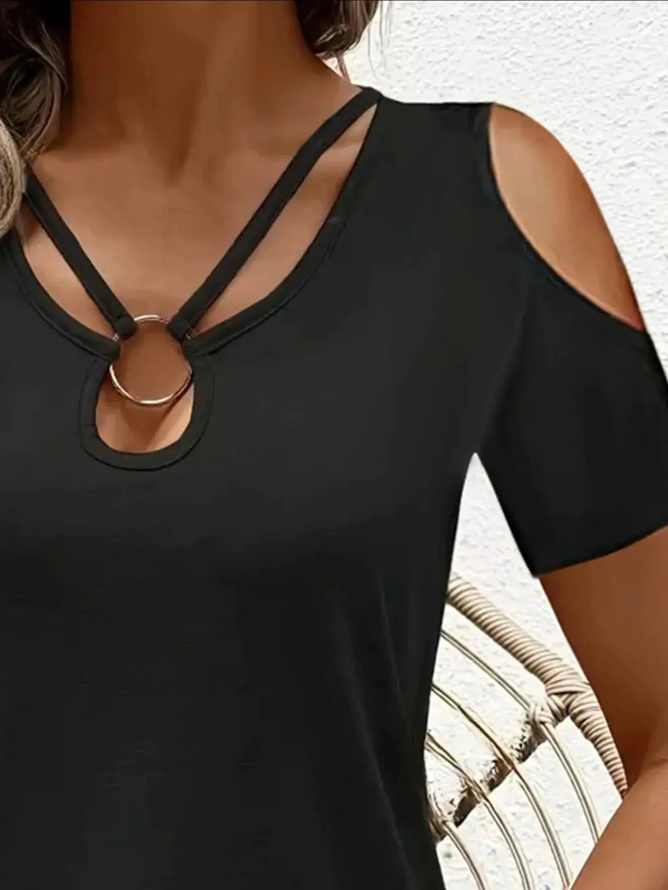 Cold Shoulder Top With Metal Ring Detail And Cutout Sleeves - Fritsch & Co.