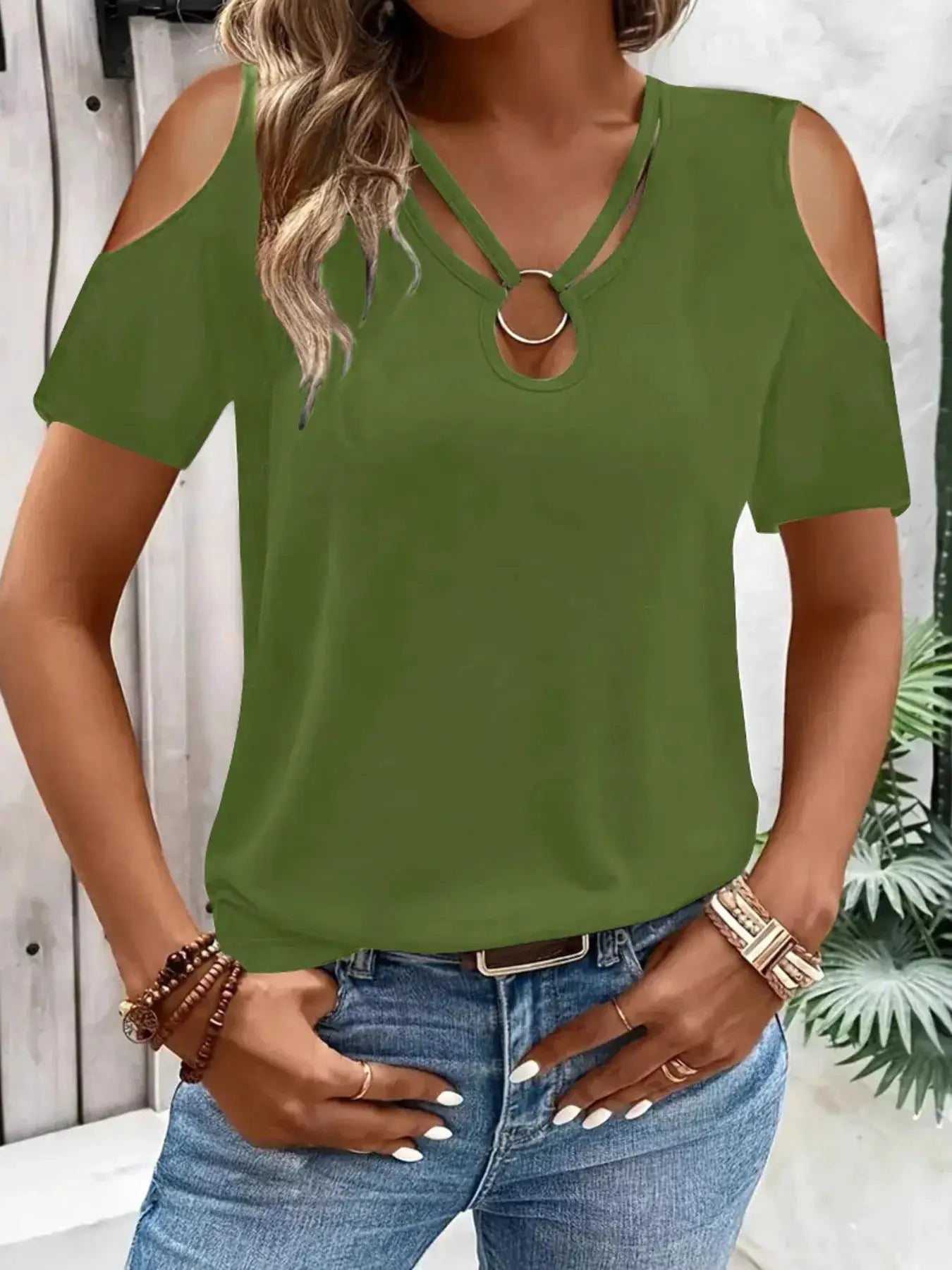 Cold Shoulder Top With Metal Ring Detail And Cutout Sleeves - Fritsch & Co.