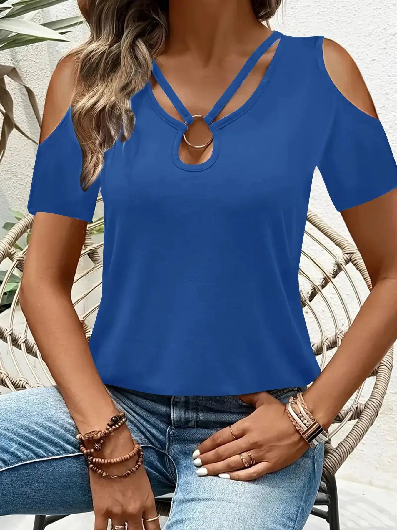 Cold Shoulder Top With Metal Ring Detail And Cutout Sleeves - Fritsch & Co.