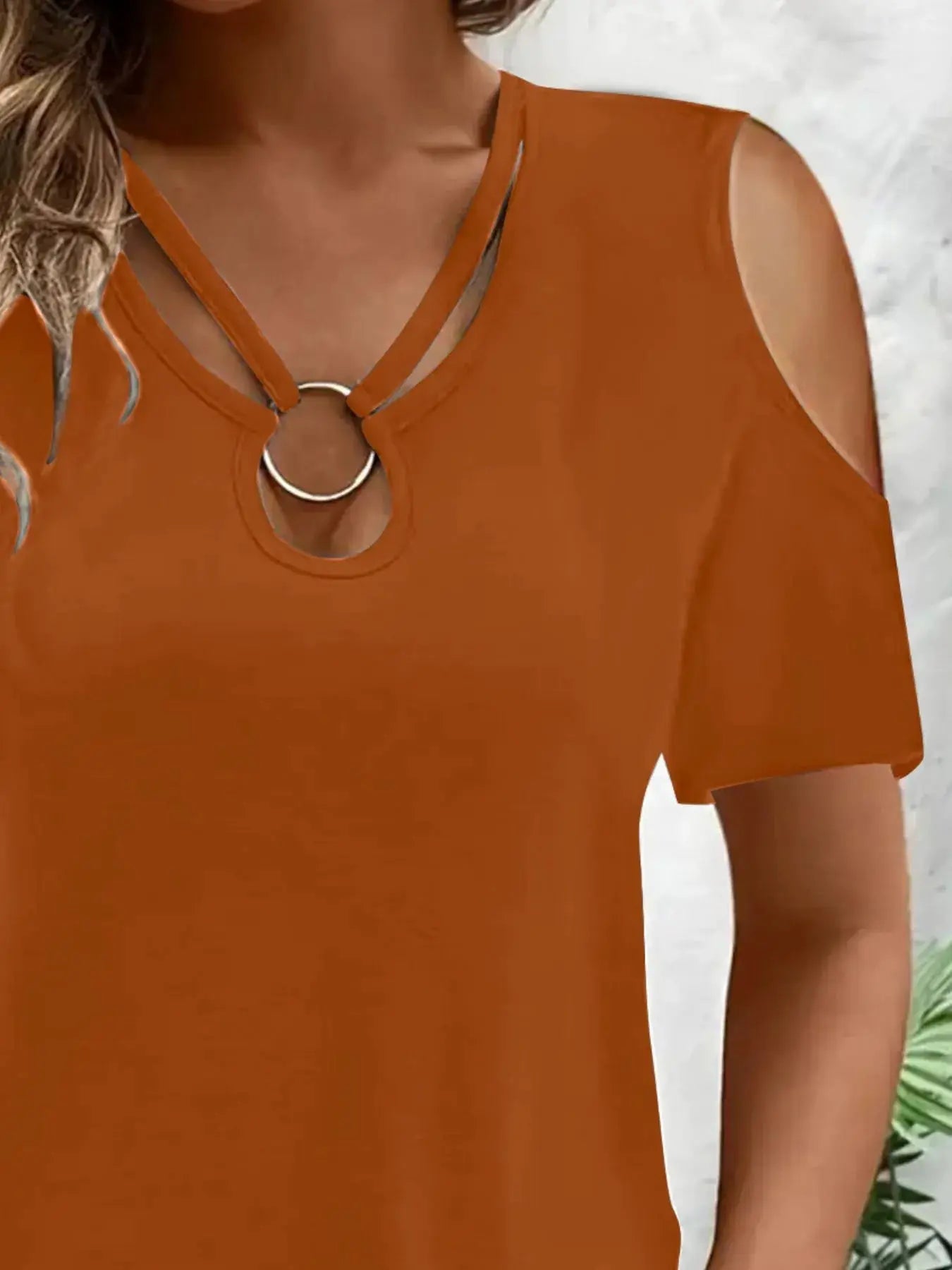 Cold Shoulder Top With Metal Ring Detail And Cutout Sleeves - Fritsch & Co.