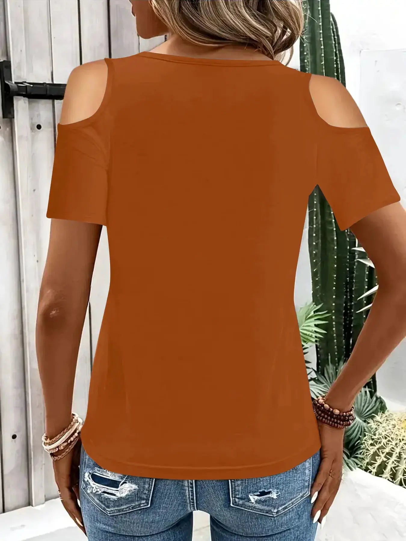 Cold Shoulder Top With Metal Ring Detail And Cutout Sleeves - Fritsch & Co.