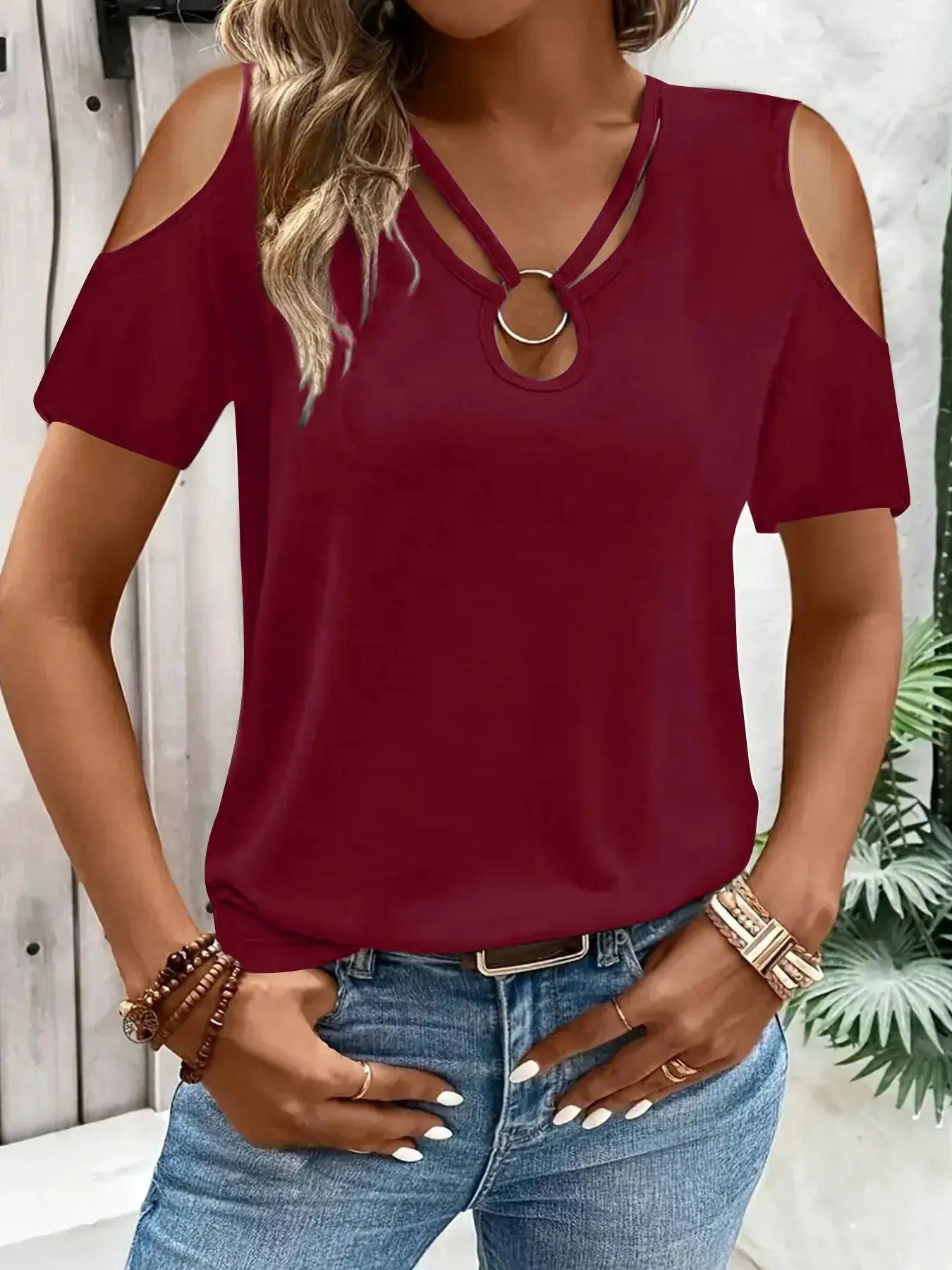 Cold Shoulder Top With Metal Ring Detail And Cutout Sleeves - Fritsch & Co.