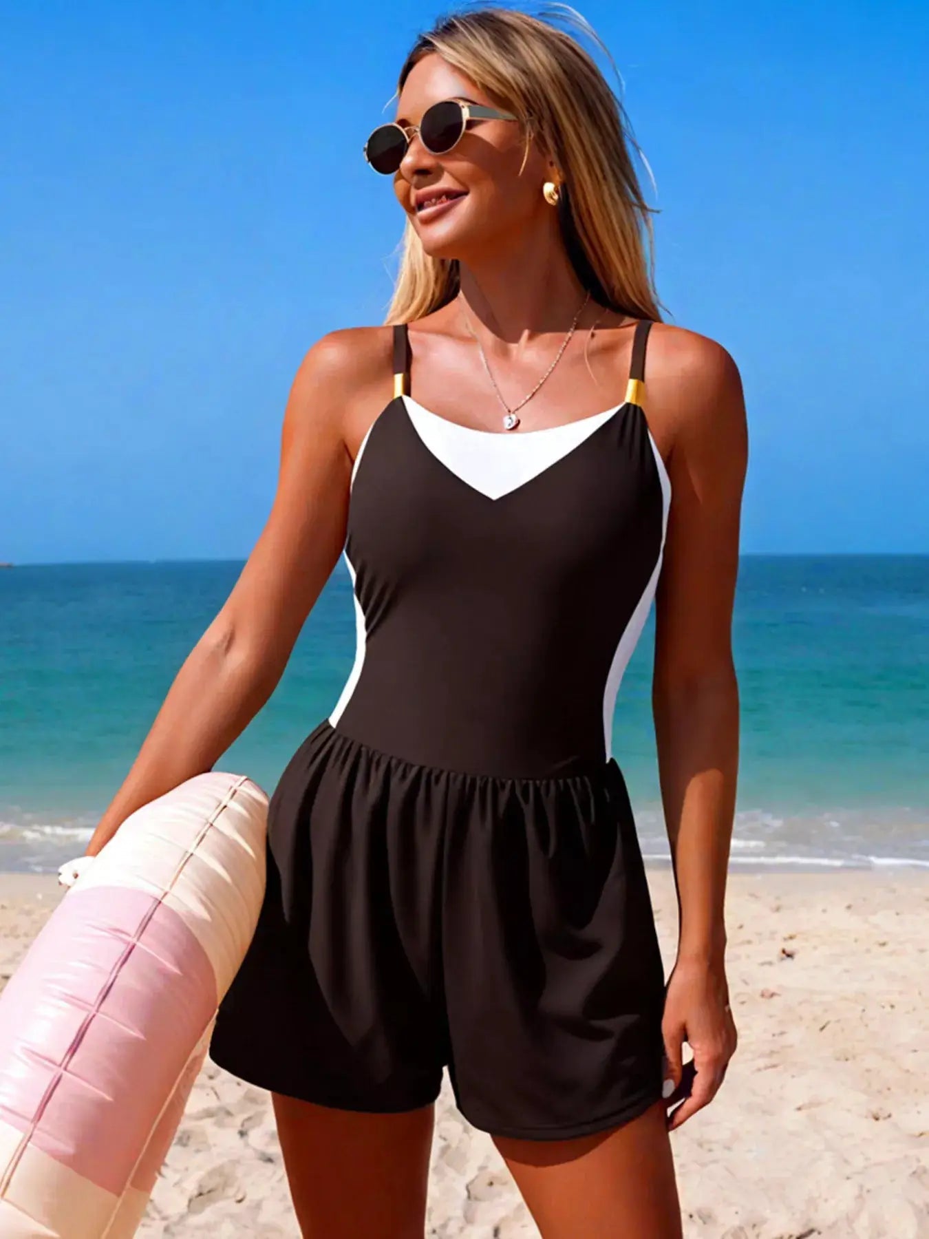 Color Block Adjustable Strap One Piece Swimsuit Pocketed Scoop Neck - Fritsch & Co.