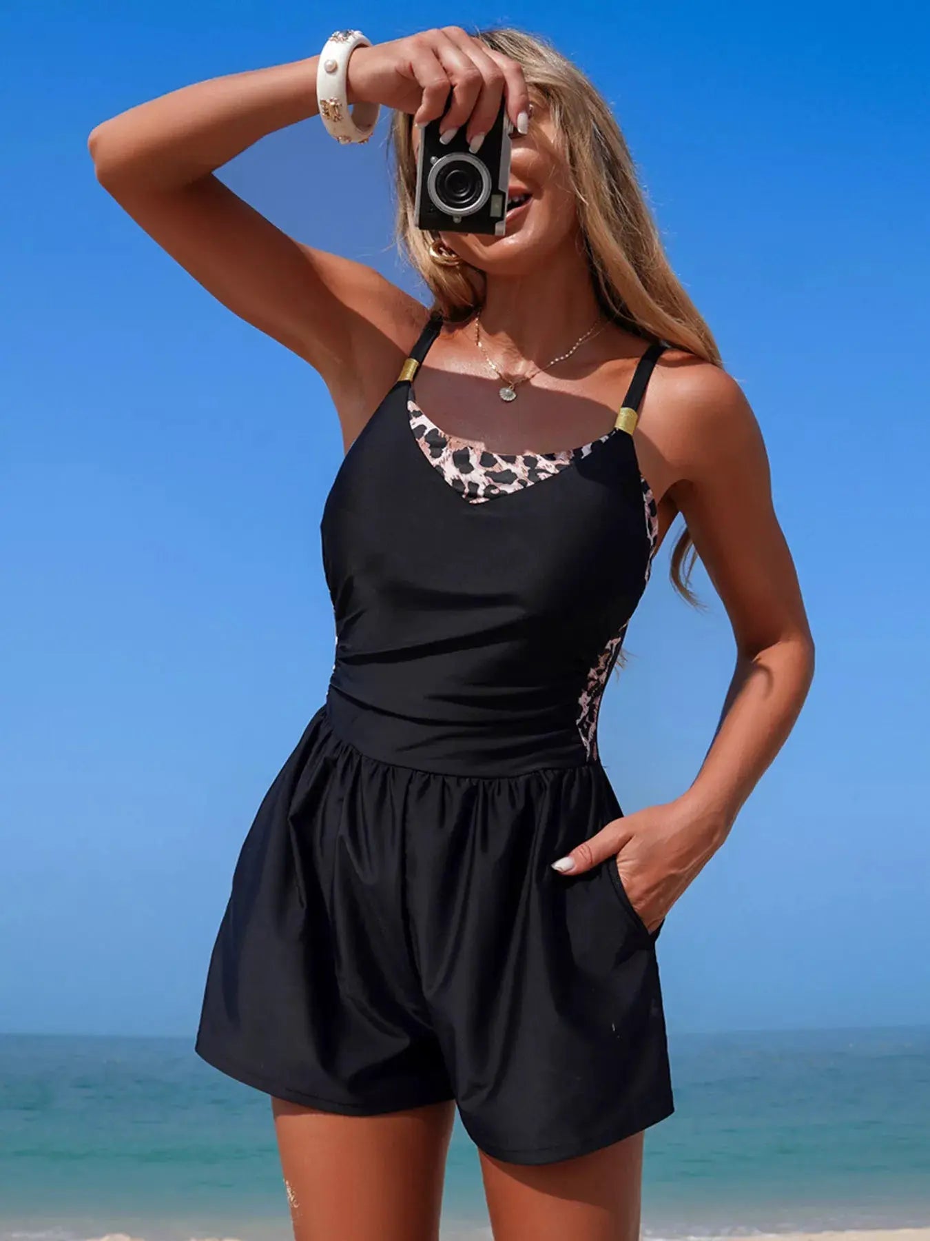 Color Block Adjustable Strap One Piece Swimsuit Pocketed Scoop Neck - Fritsch & Co.