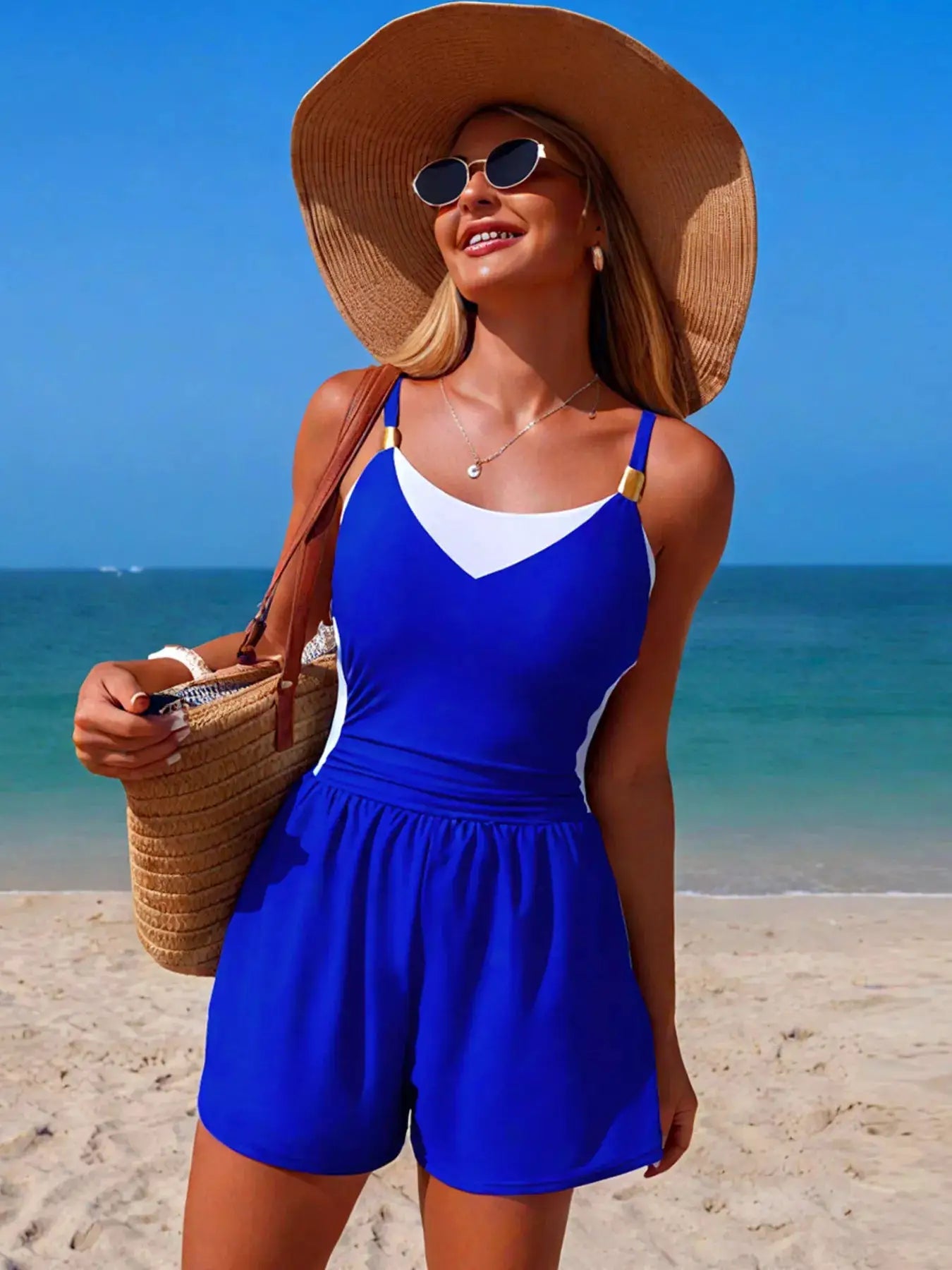 Color Block Adjustable Strap One Piece Swimsuit Pocketed Scoop Neck - Fritsch & Co.