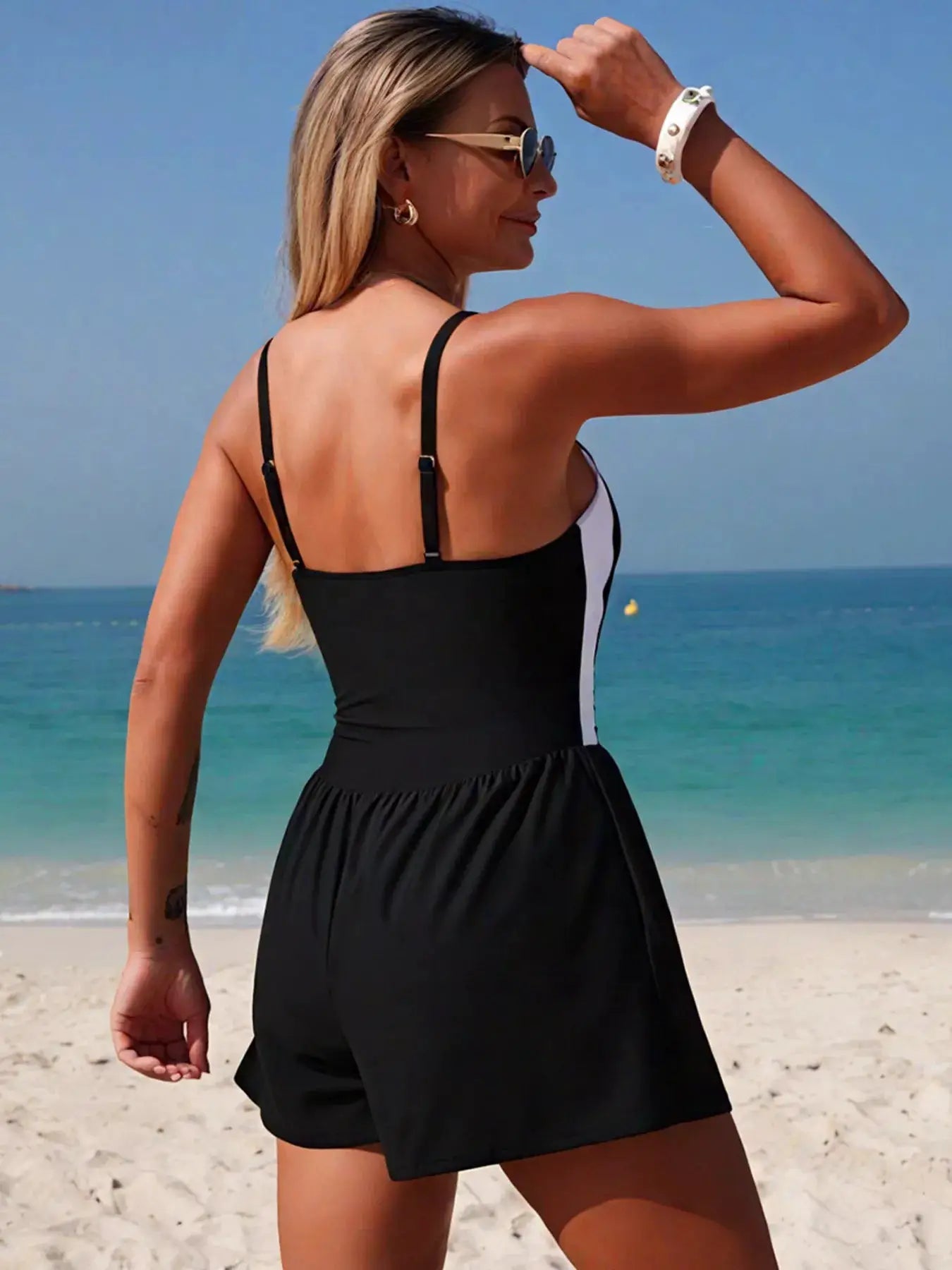 Color Block Adjustable Strap One Piece Swimsuit Pocketed Scoop Neck - Fritsch & Co.