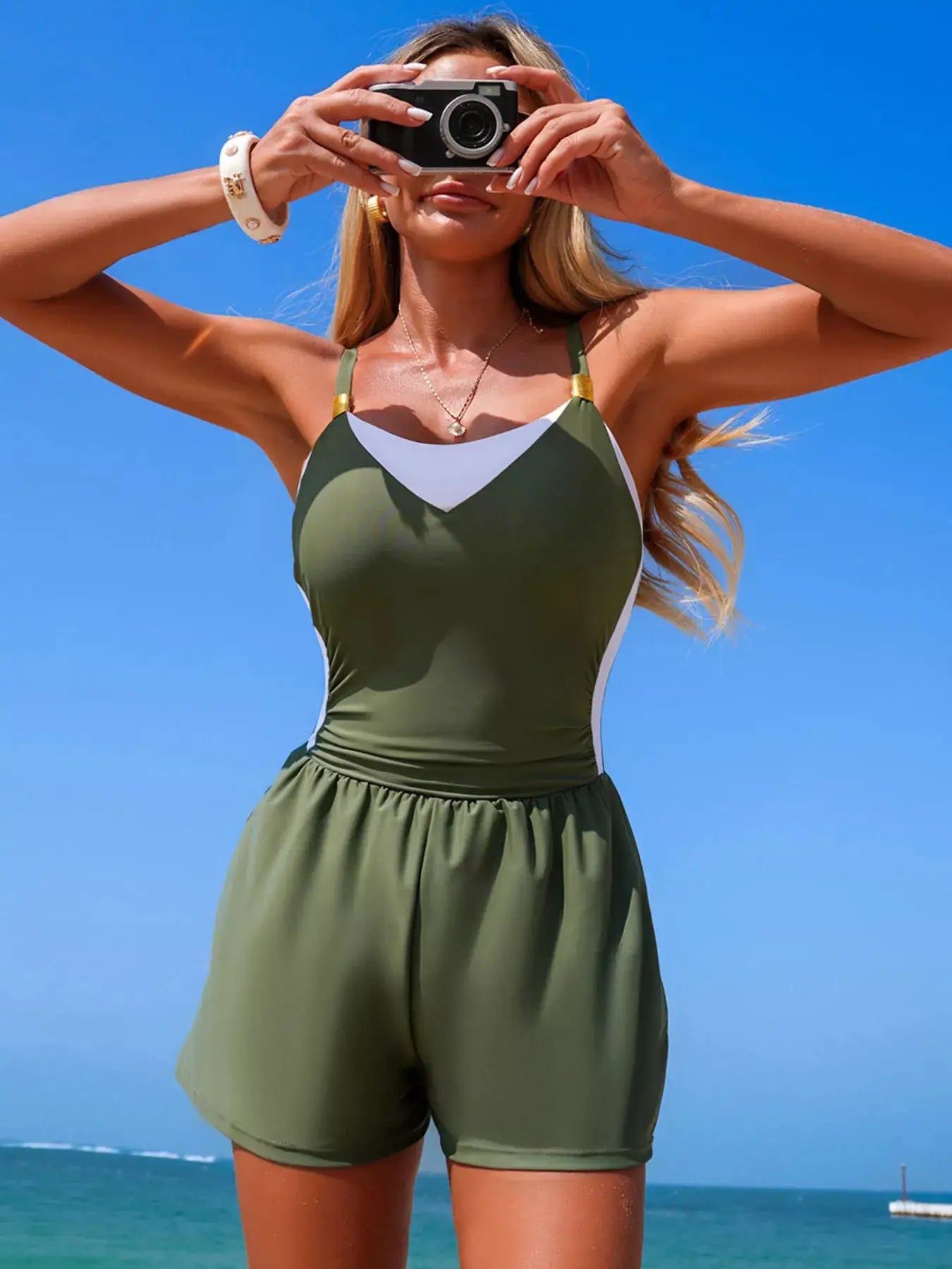 Color Block Adjustable Strap One Piece Swimsuit Pocketed Scoop Neck - Fritsch & Co.