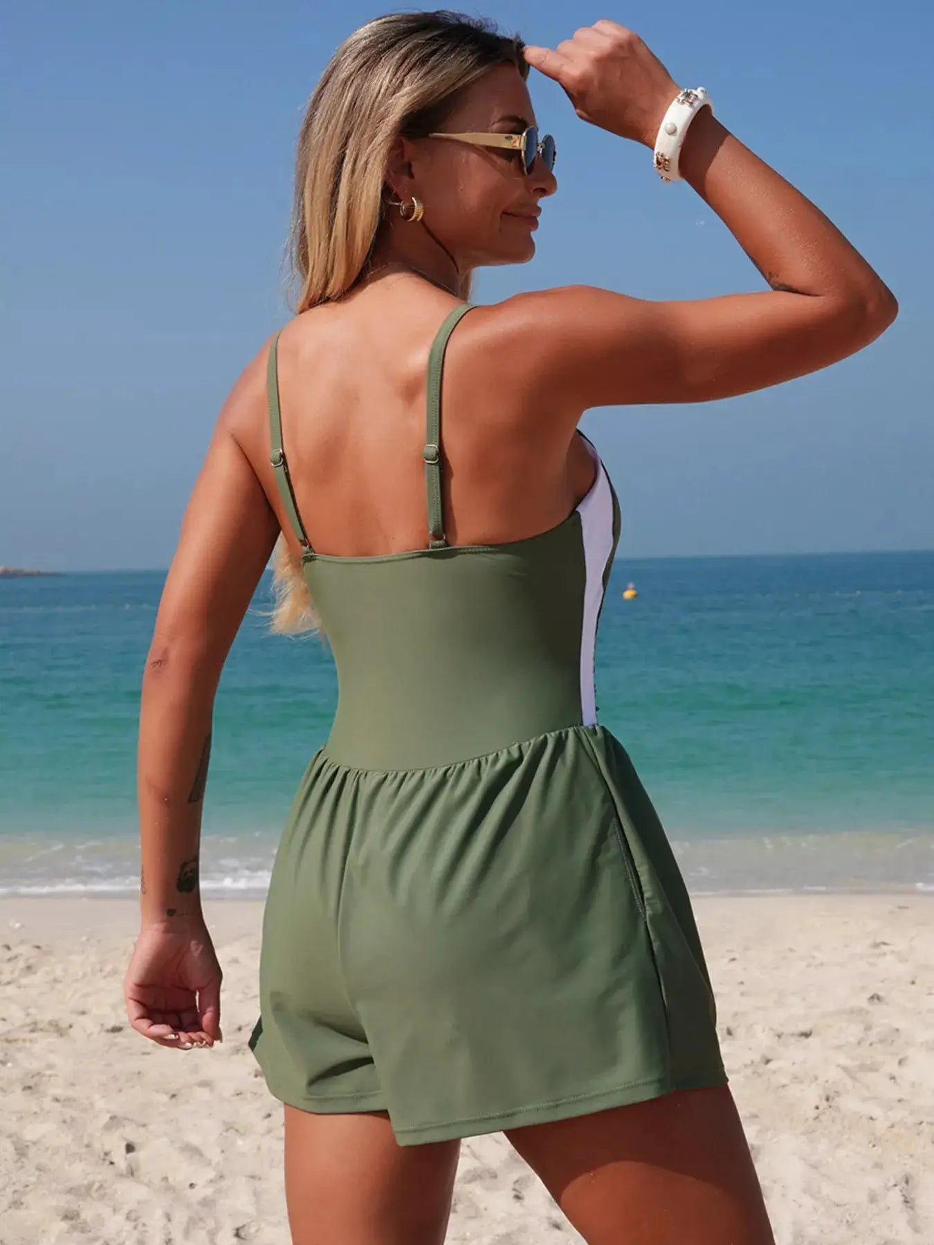 Color Block Adjustable Strap One Piece Swimsuit Pocketed Scoop Neck - Fritsch & Co.
