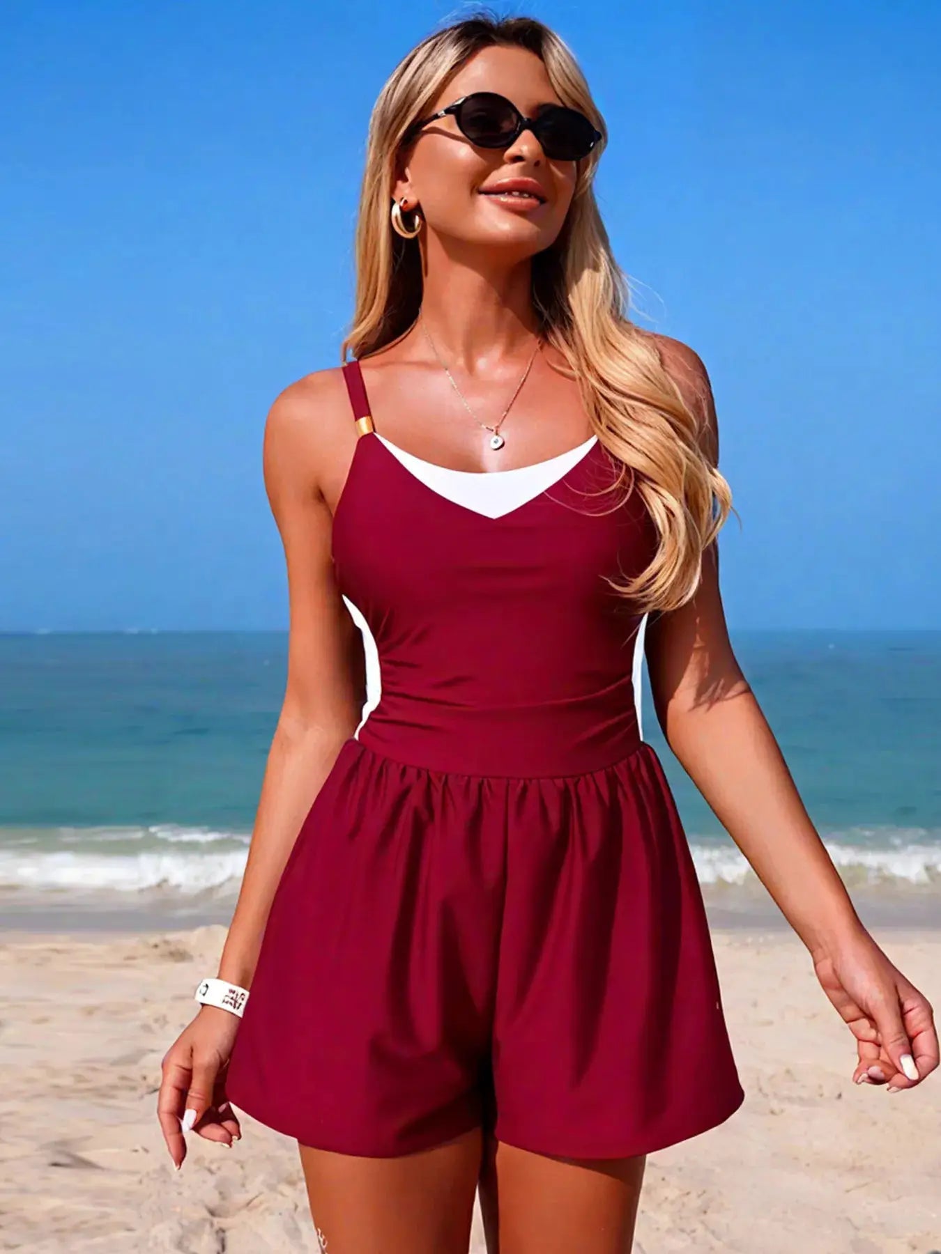 Color Block Adjustable Strap One Piece Swimsuit Pocketed Scoop Neck - Fritsch & Co.
