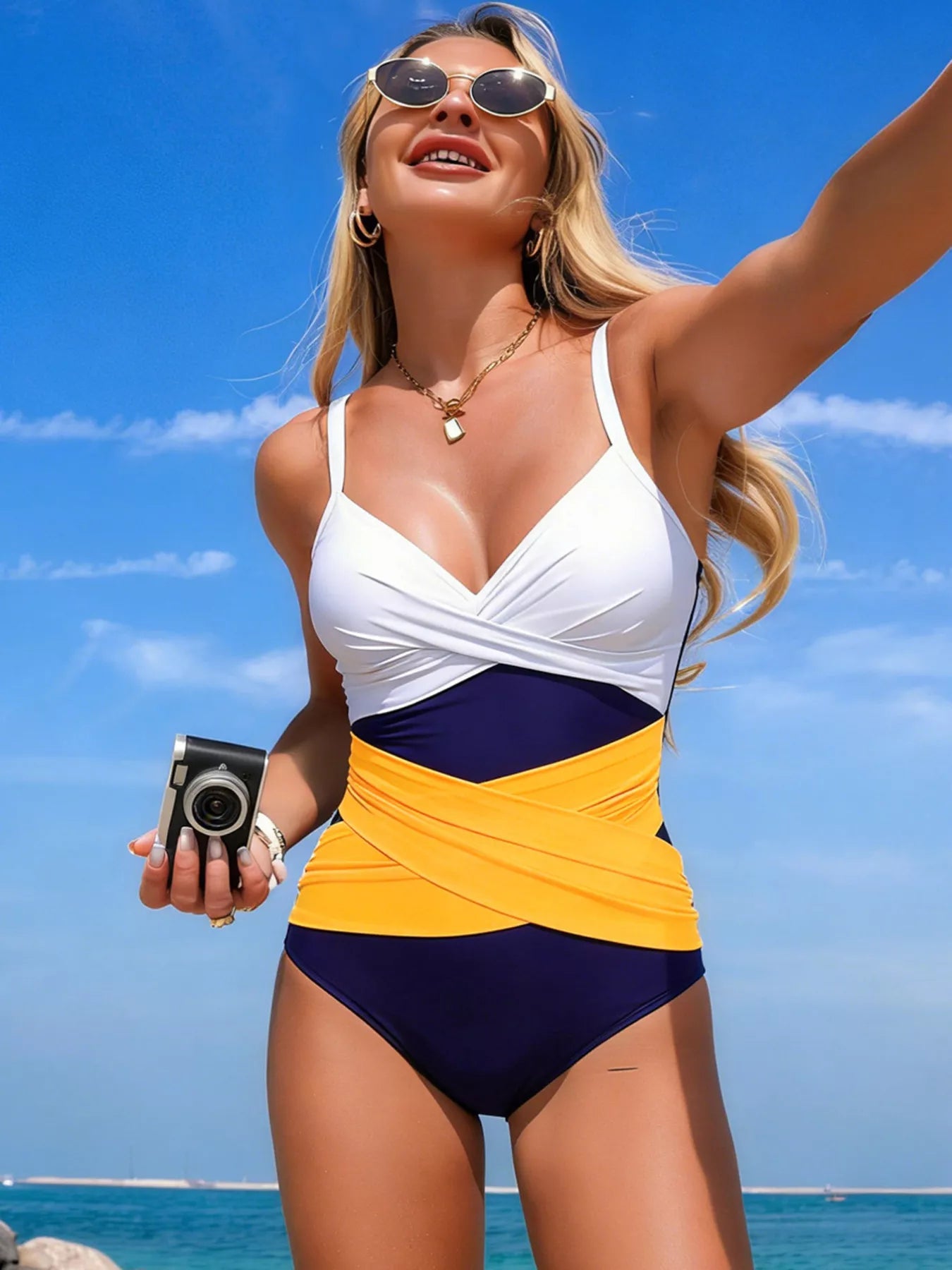 Color Block One Piece Swimsuit With Removable Padding And Ruffle - Fritsch & Co.