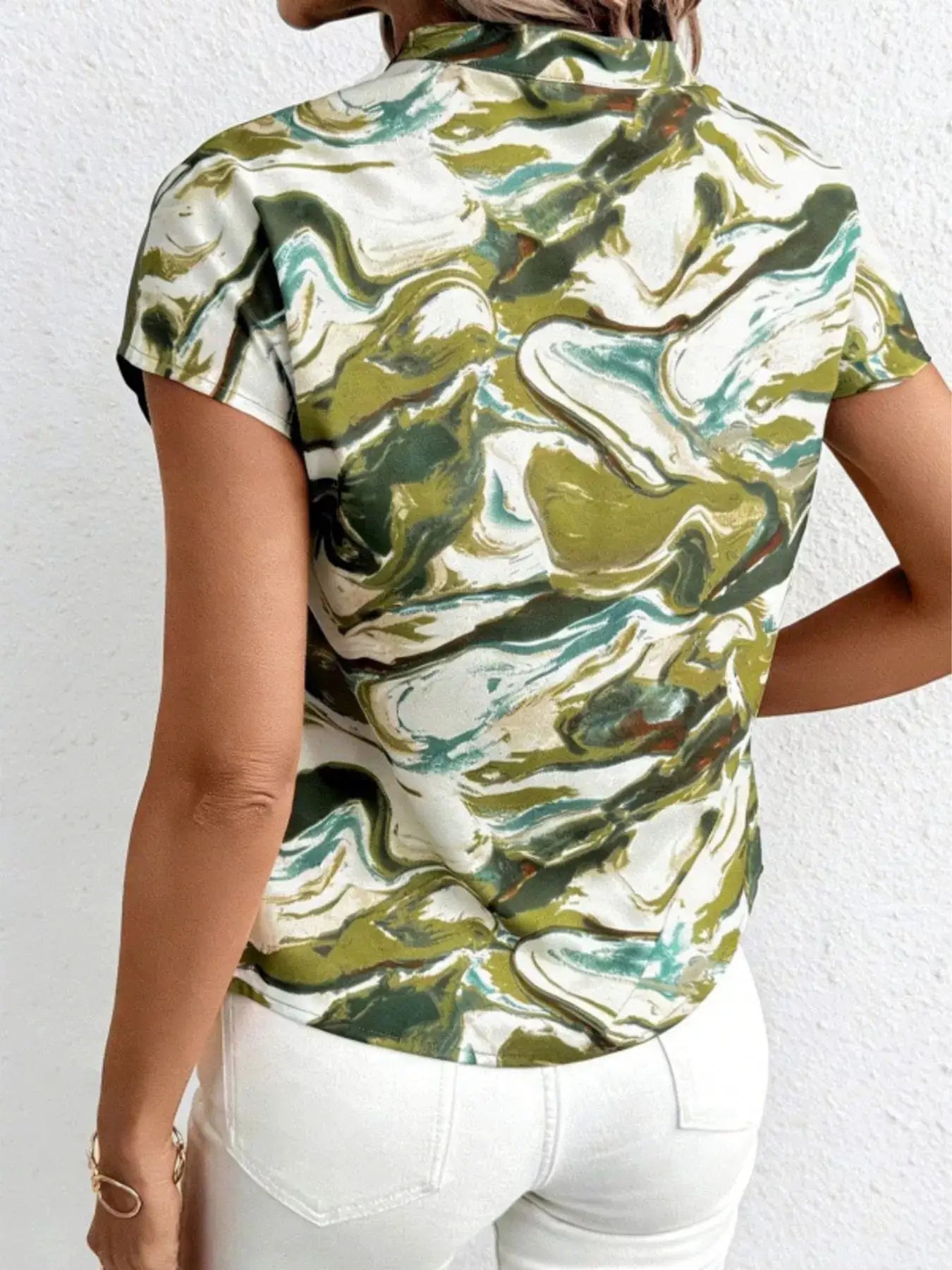 Color Block Short Sleeve Blouse With Mixed Print Olive Green For Women - Fritsch & Co.