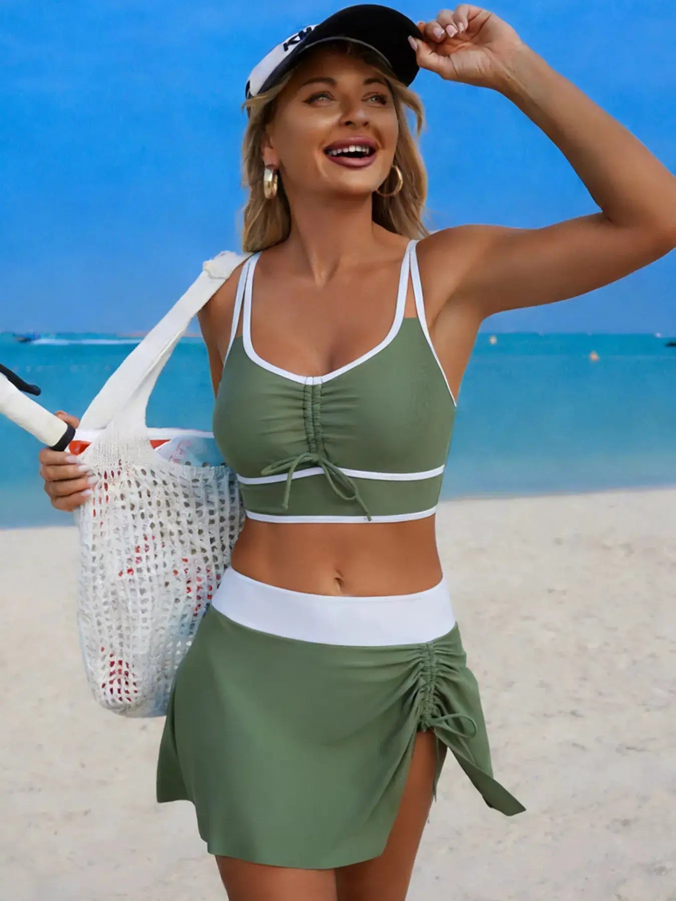 Contrast Trim Drawstring Swimsuit Set Three Piece With Removable Padding - Fritsch & Co.