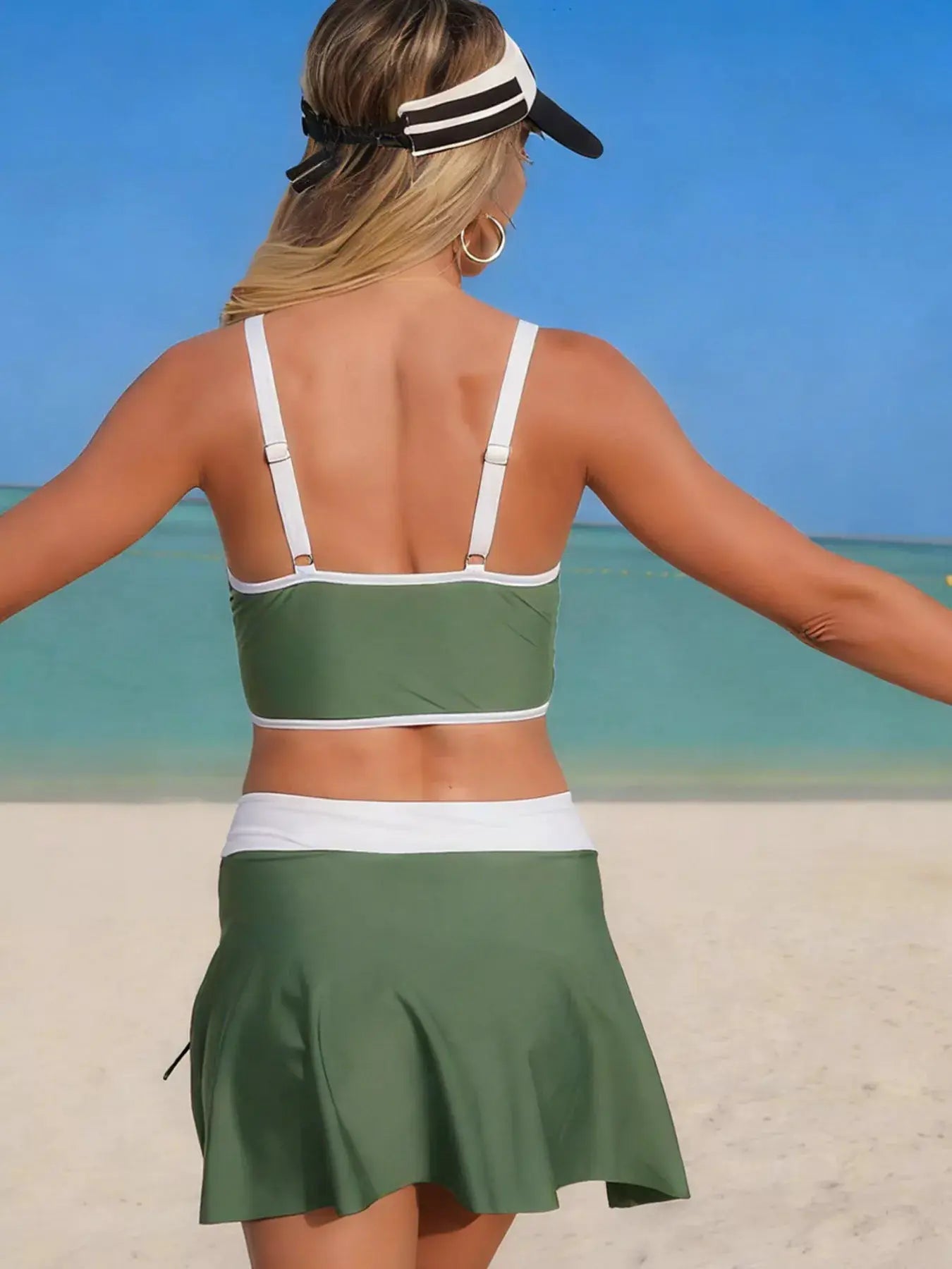Contrast Trim Drawstring Swimsuit Set Three Piece With Removable Padding - Fritsch & Co.