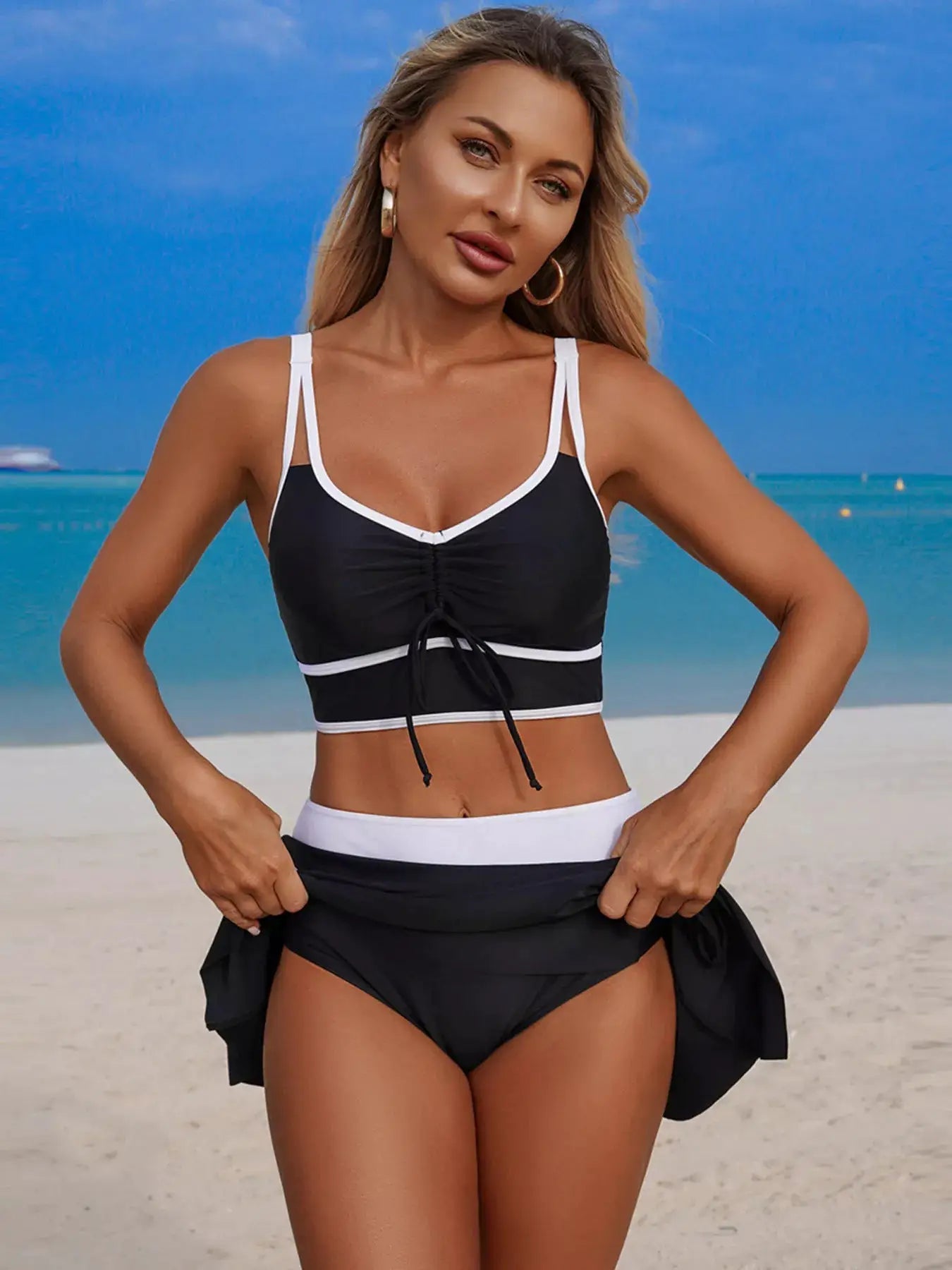 Contrast Trim Drawstring Swimsuit Set Three Piece With Removable Padding - Fritsch & Co.