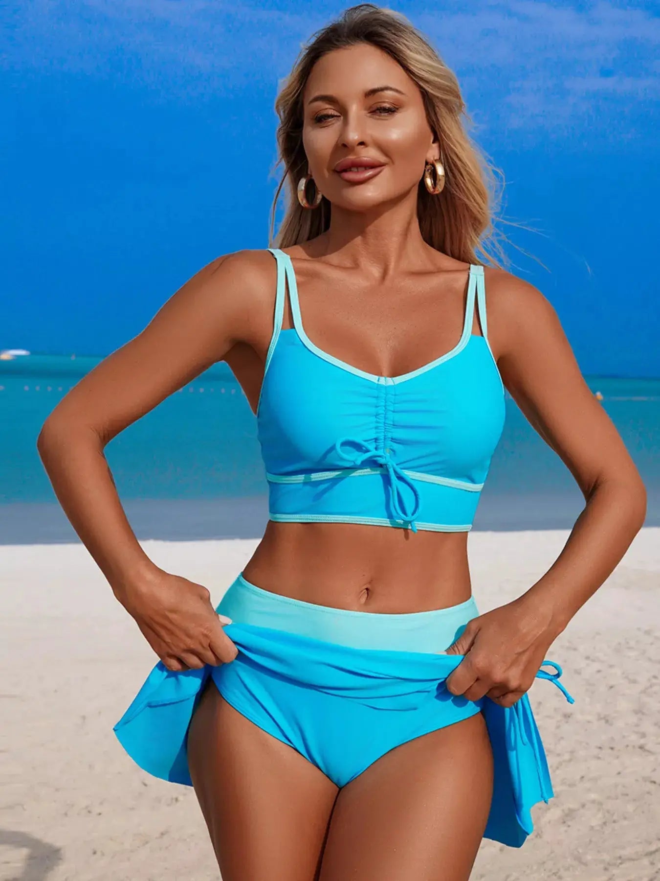 Contrast Trim Drawstring Swimsuit Set Three Piece With Removable Padding - Fritsch & Co.