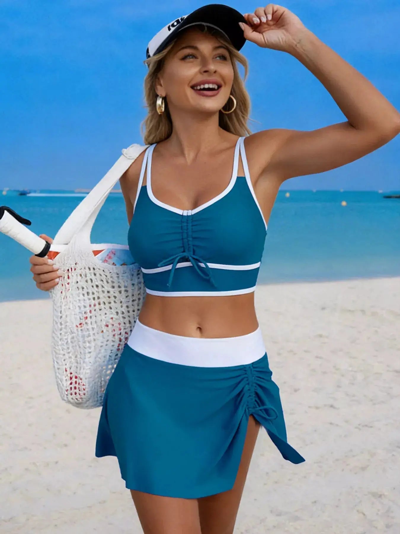 Contrast Trim Drawstring Swimsuit Set Three Piece With Removable Padding - Fritsch & Co.