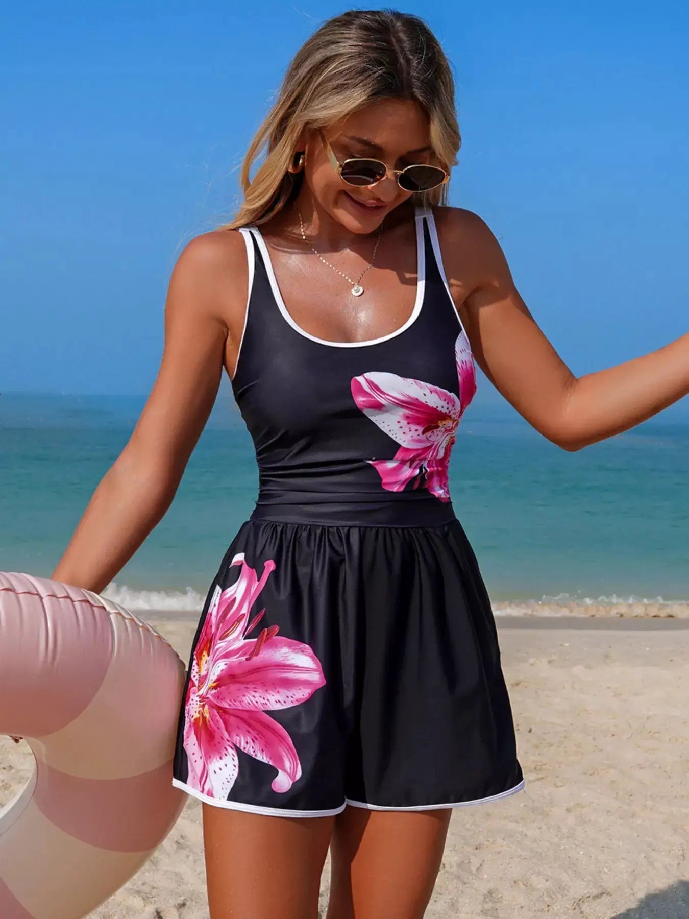 Contrast Trim Scoop Neck One Piece Swimsuit Pocketed Drawstring Waist - Fritsch & Co.