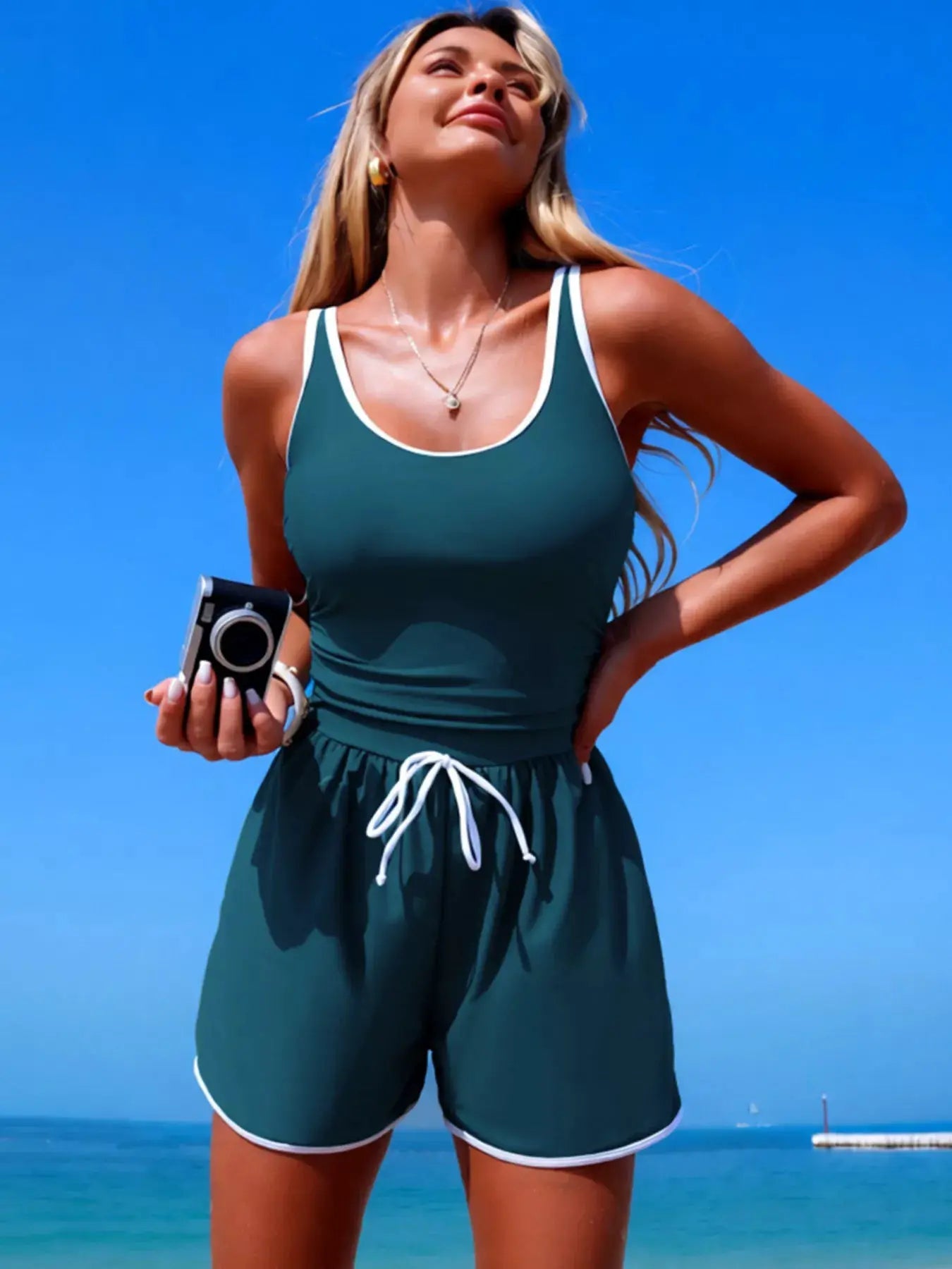 Contrast Trim Scoop Neck One Piece Swimsuit Pocketed Drawstring Waist - Fritsch & Co.