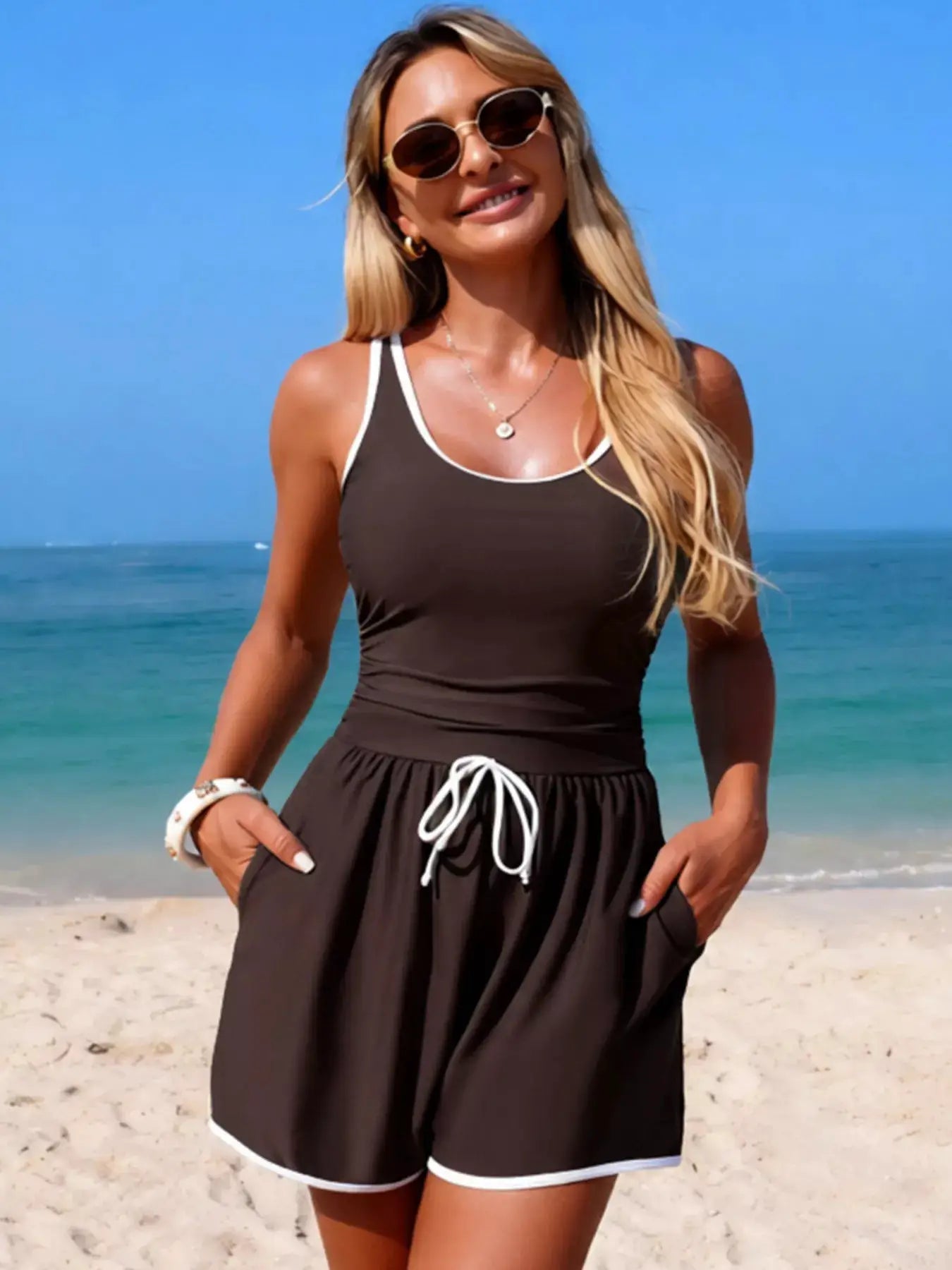 Contrast Trim Scoop Neck One Piece Swimsuit Pocketed Drawstring Waist - Fritsch & Co.