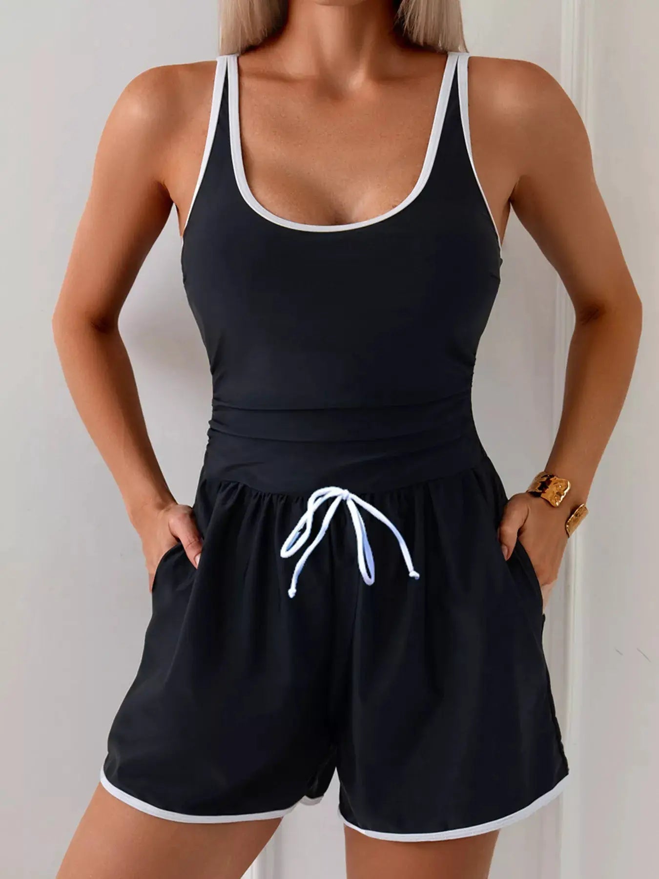 Contrast Trim Scoop Neck One Piece Swimsuit Pocketed Drawstring Waist - Fritsch & Co.