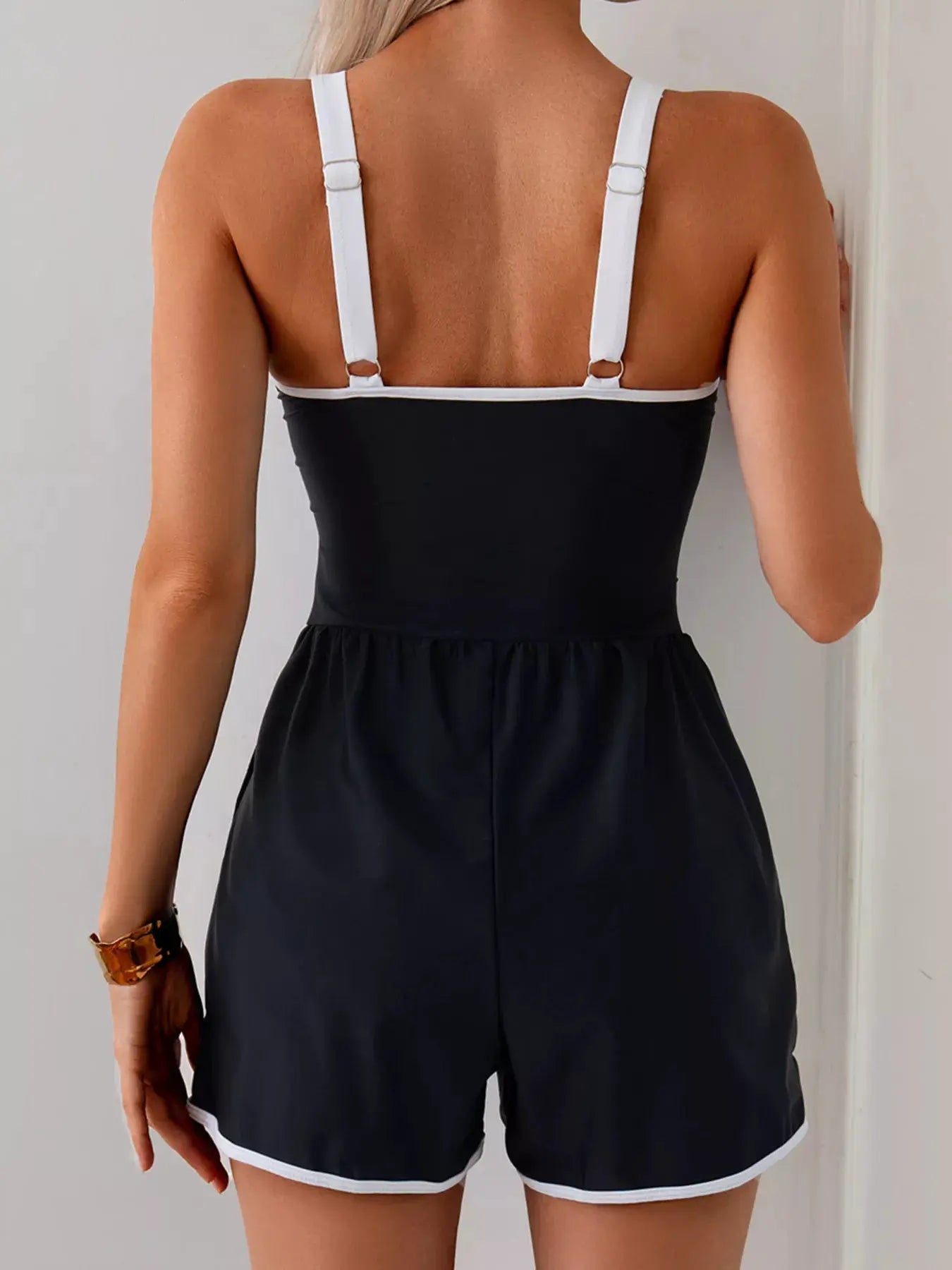 Contrast Trim Scoop Neck One Piece Swimsuit Pocketed Drawstring Waist - Fritsch & Co.