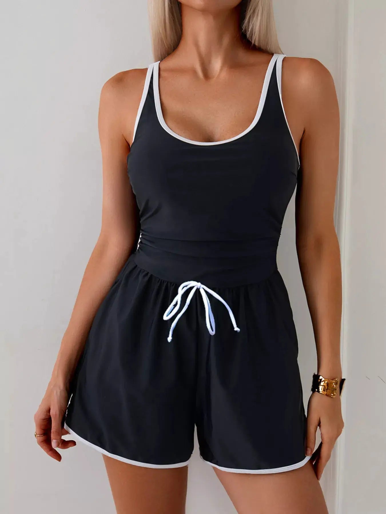 Contrast Trim Scoop Neck One Piece Swimsuit Pocketed Drawstring Waist - Fritsch & Co.