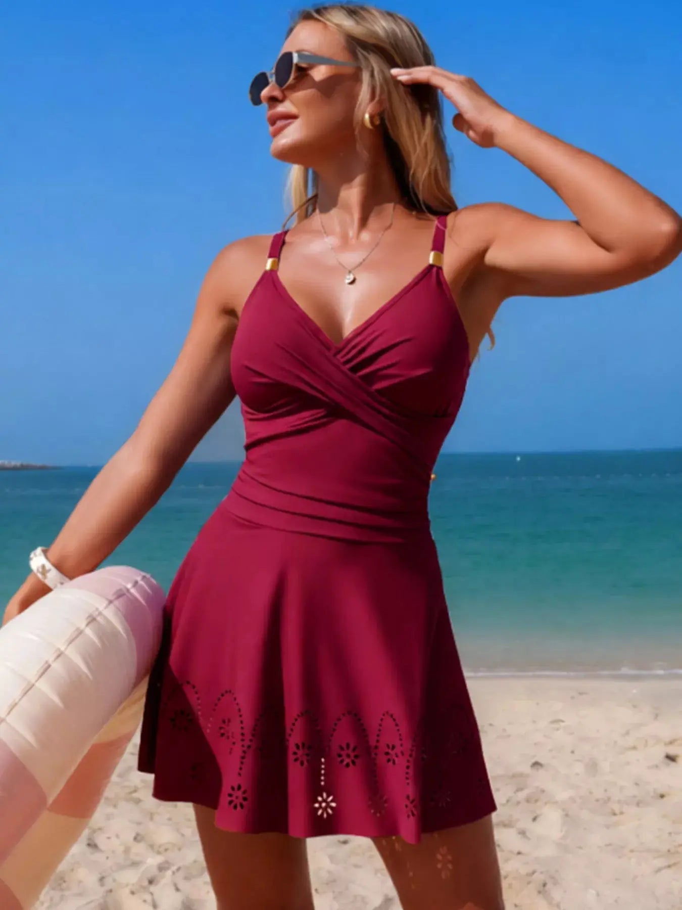 Crossover Ruched One Piece Swim Dress With Removable Padding Scoop Neck - Fritsch & Co.