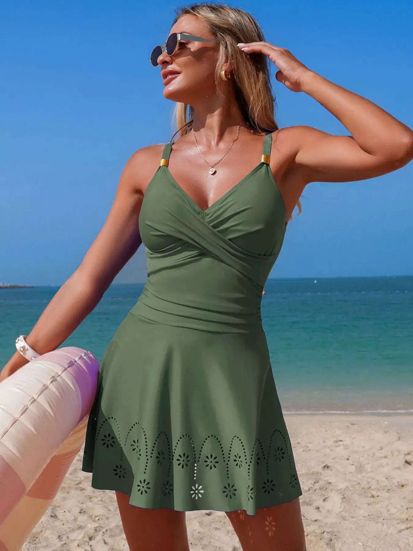 Crossover Ruched One Piece Swim Dress With Removable Padding Scoop Neck - Fritsch & Co.