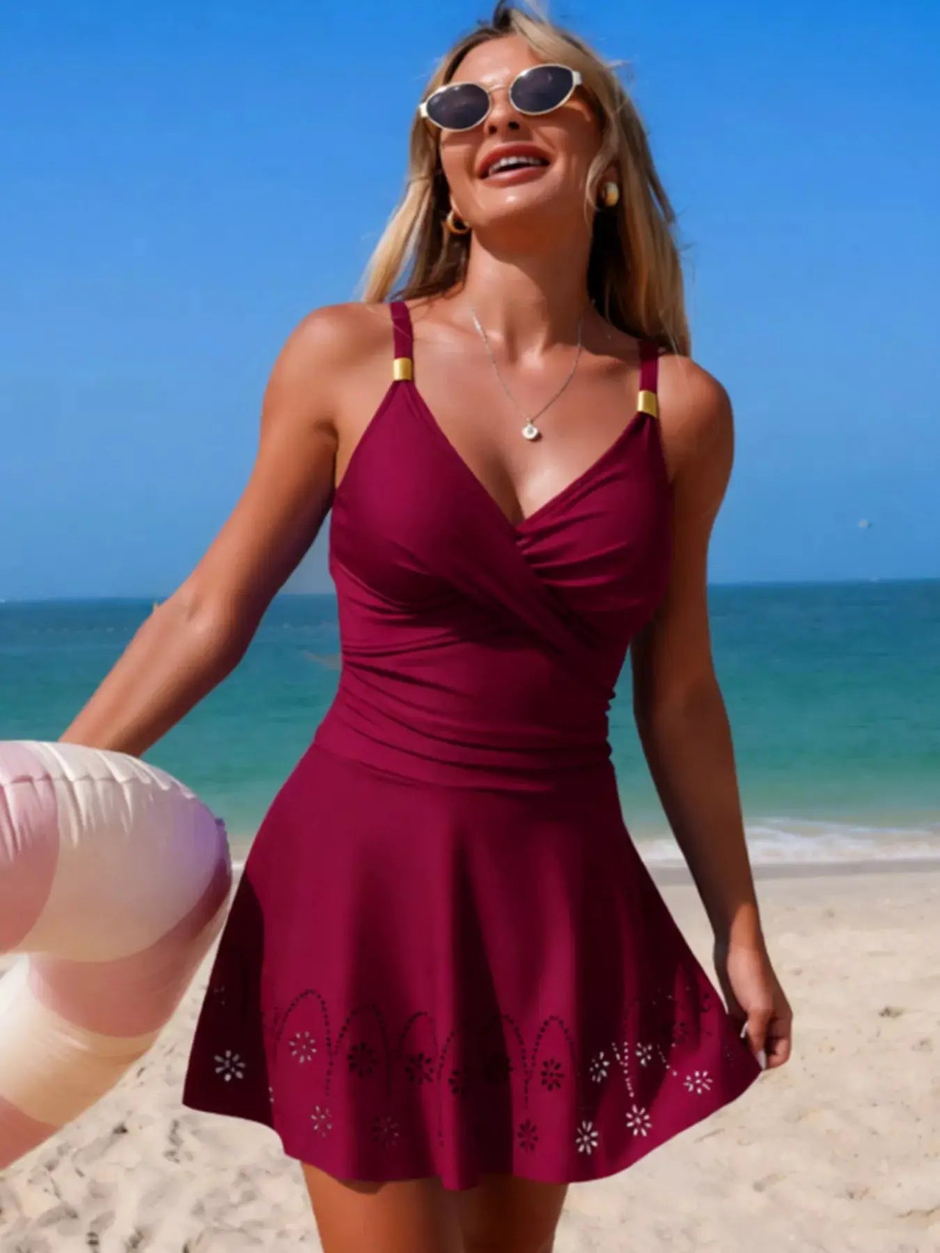 Crossover Ruched One Piece Swim Dress With Removable Padding Scoop Neck - Fritsch & Co.