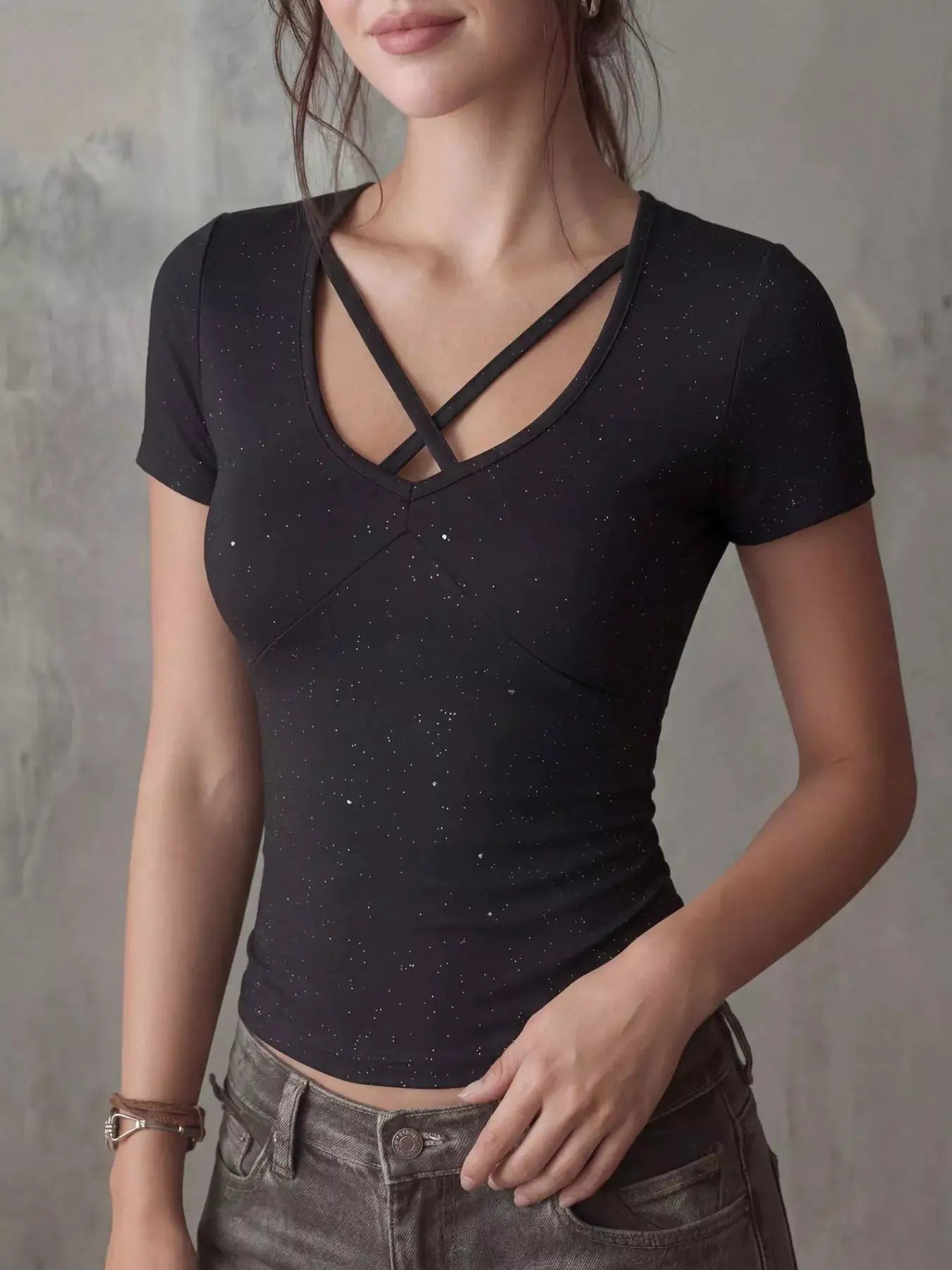 Crossover Short Sleeve Fitted Tee With Crisscross Neckline - Fritsch & Co.
