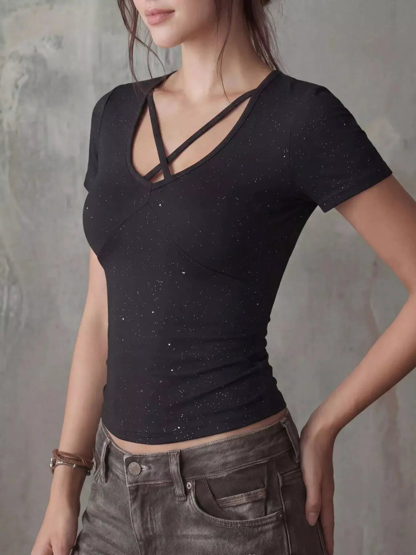 Crossover Short Sleeve Fitted Tee With Crisscross Neckline - Fritsch & Co.