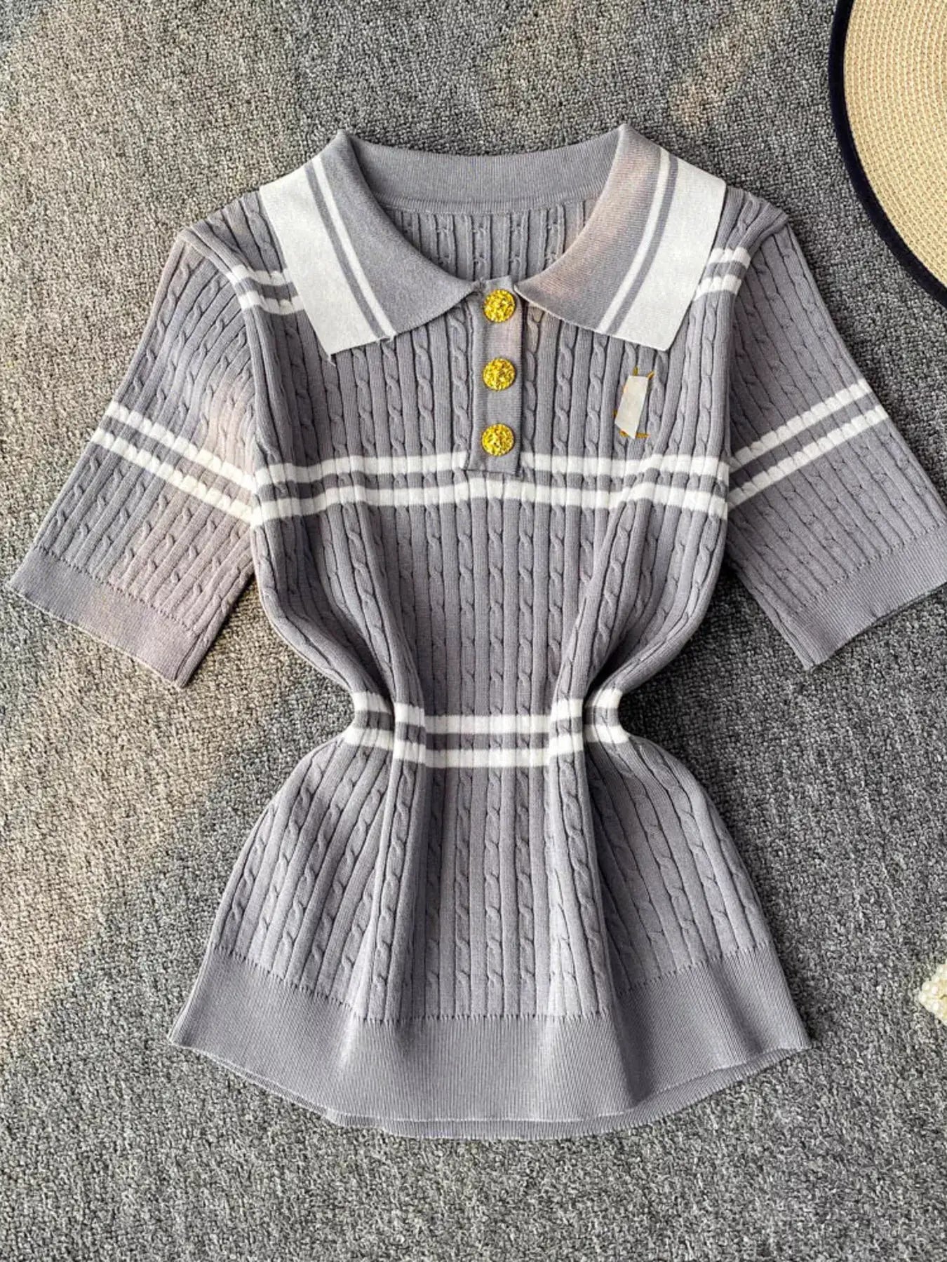 Striped Knit Polo Collar Top by Trendsi