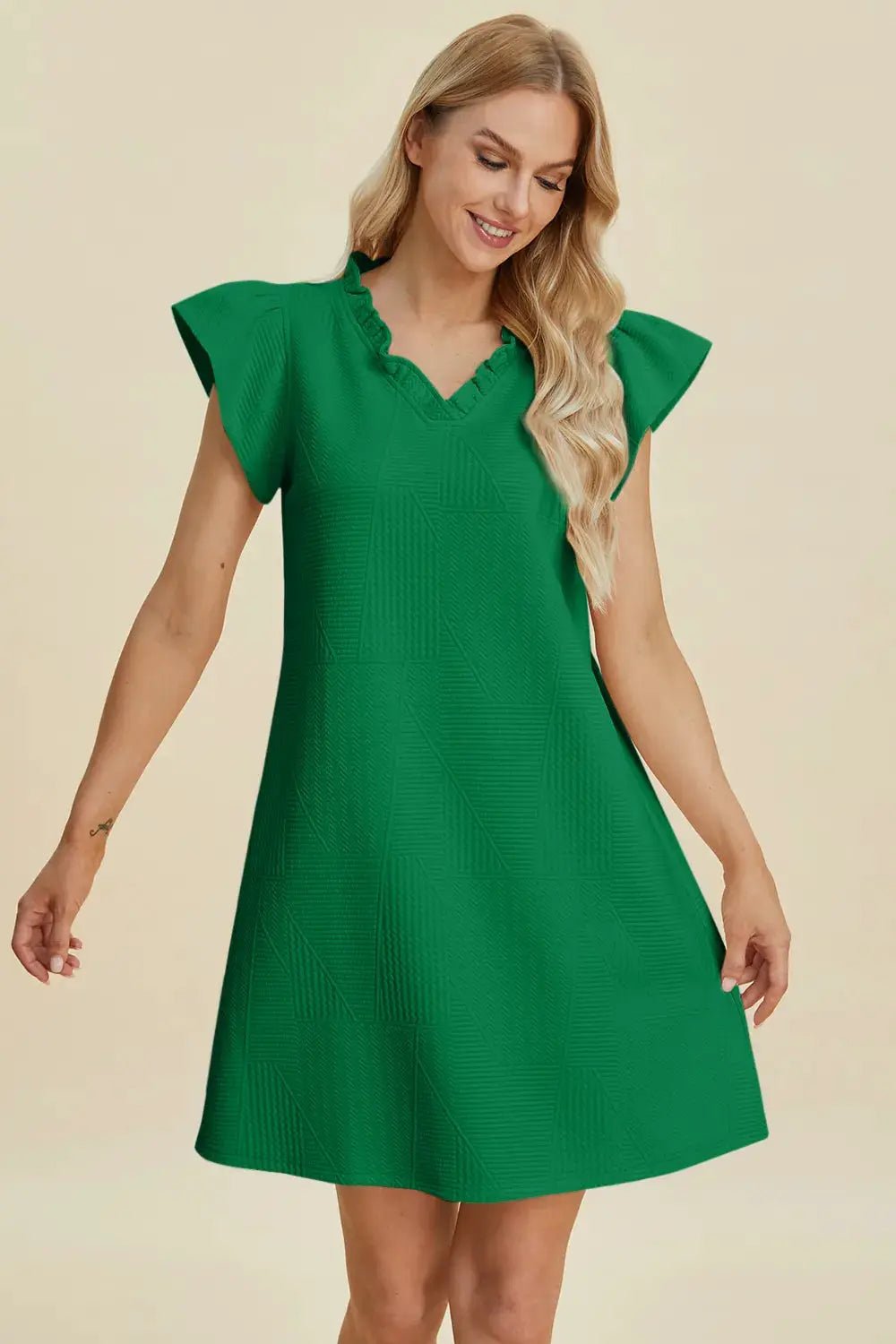 Double Take Full Size Ruffled V - Neck Cap Sleeve Dress - Fritsch & Co.