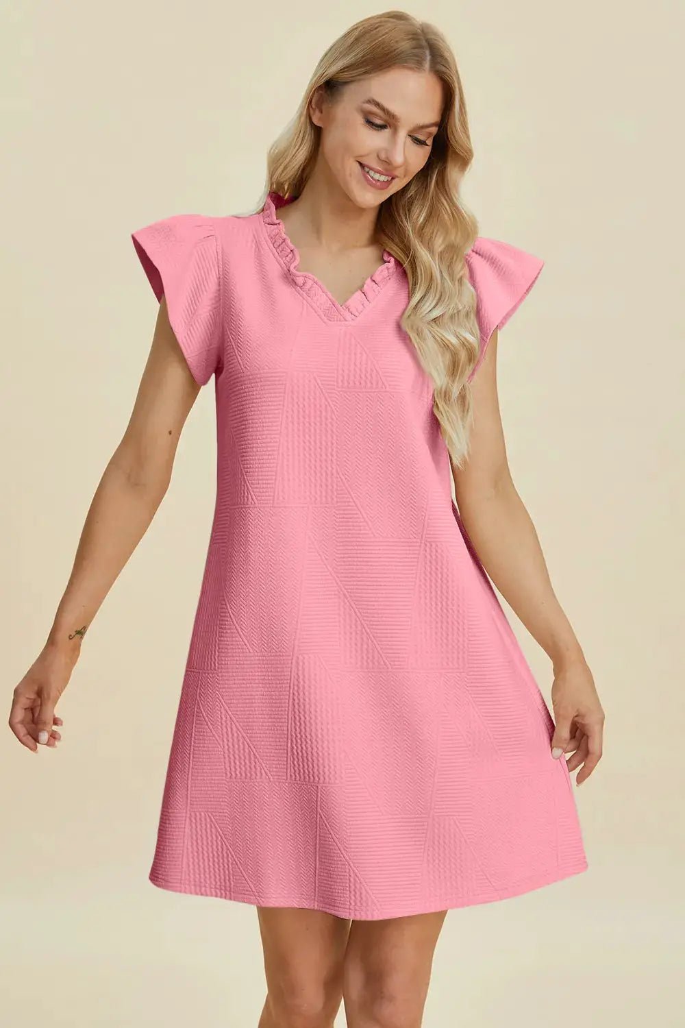 Double Take Full Size Ruffled V - Neck Cap Sleeve Dress - Fritsch & Co.
